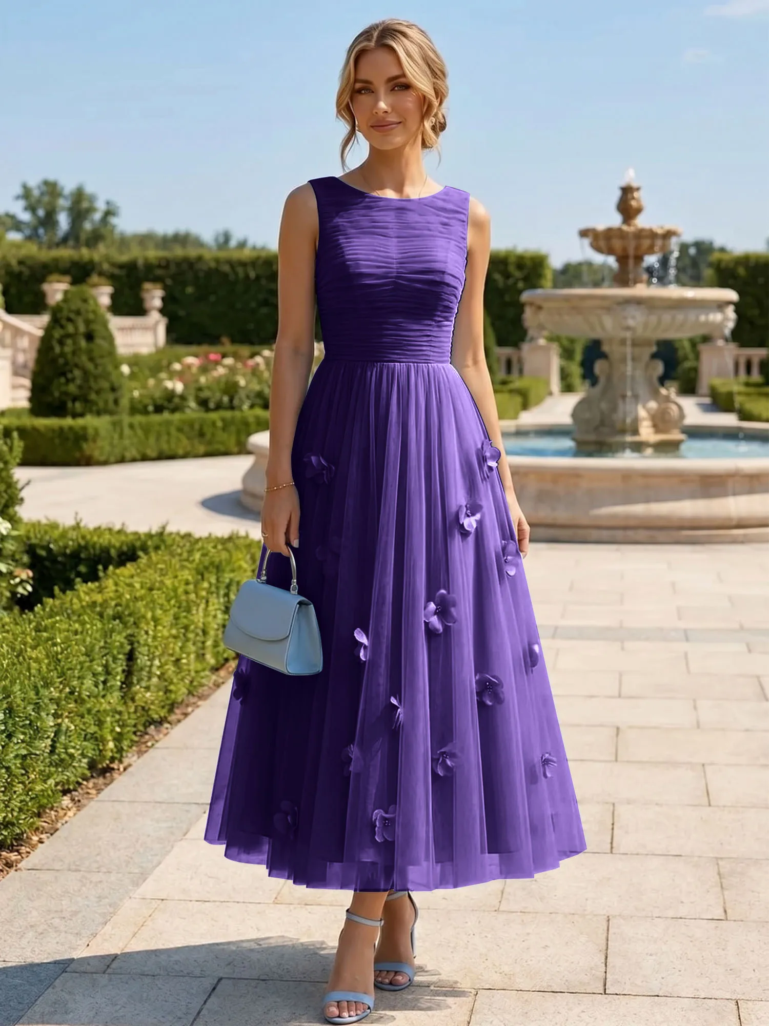 A Line Sleeveless Tulle Midi Dress with 3D Floral Appliqués