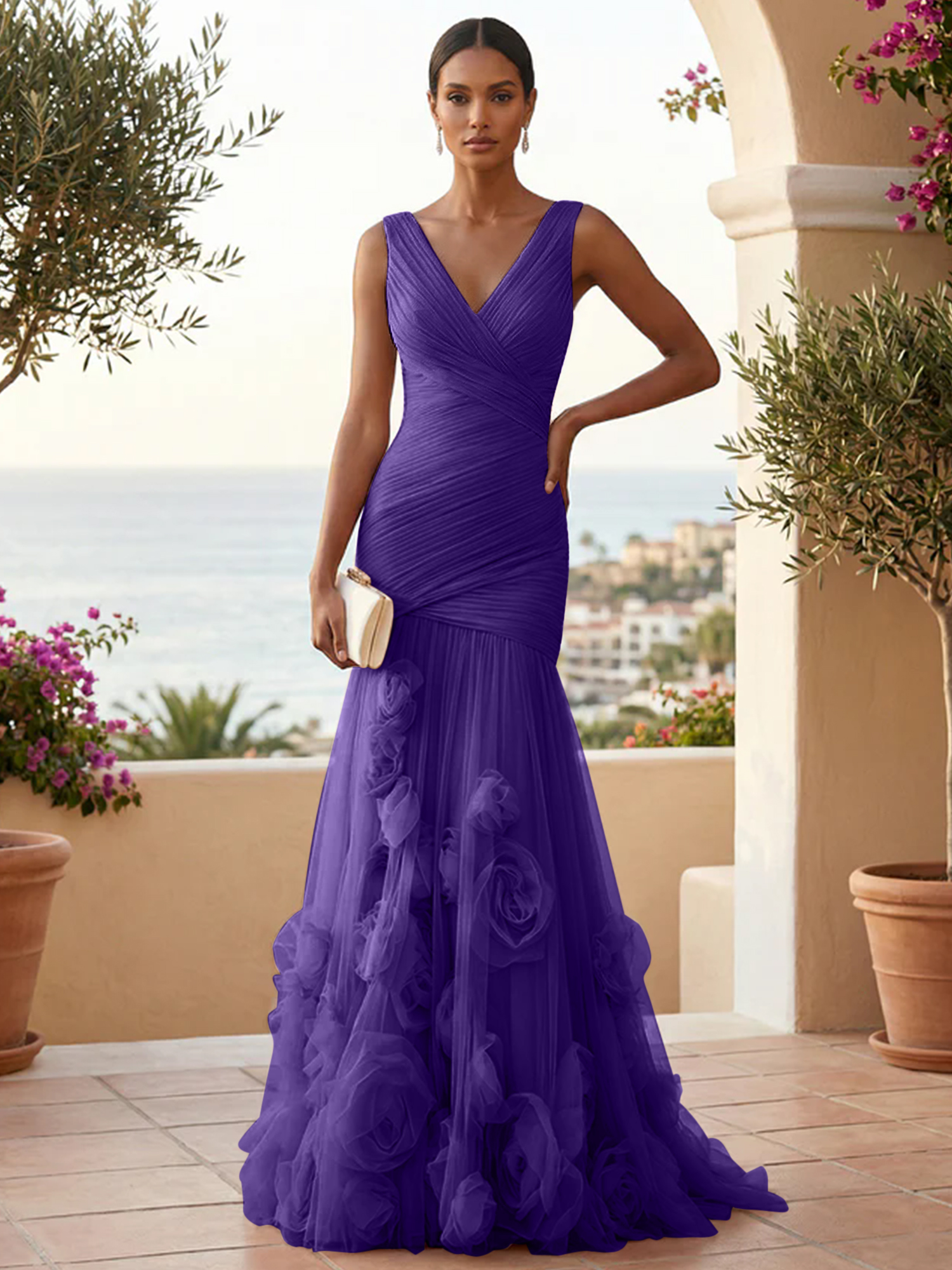 Sweetheart Tulle V Neck Pleat Mermaid Evening Dresses with 3D Flower