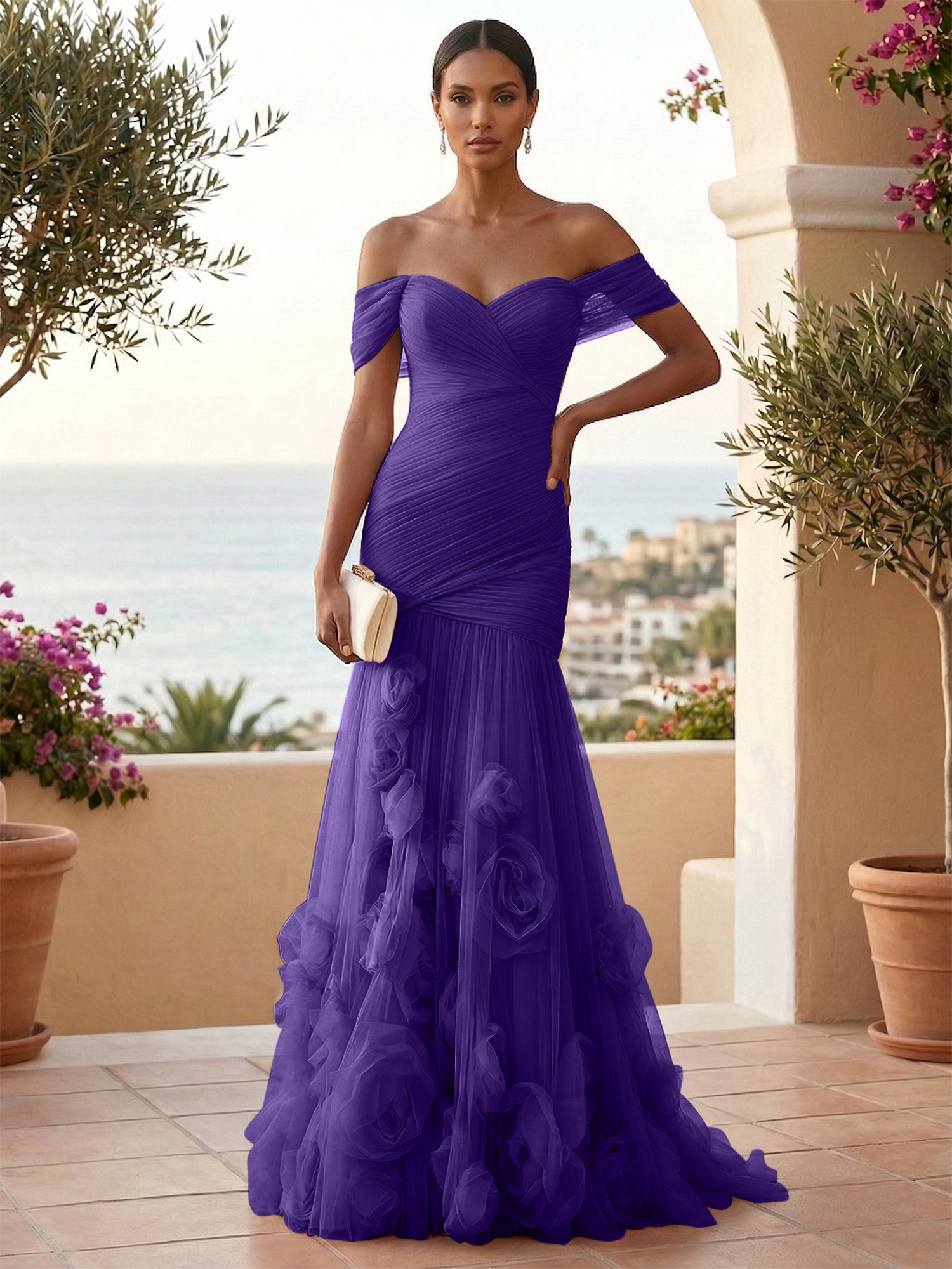Sweetheart Tulle Off the Shoulder Pleat Mermaid Evening Dresses with 3D Flower