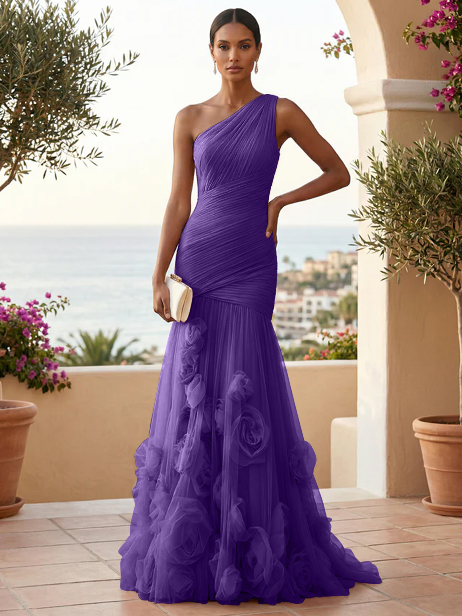 Sweetheart Tulle Pleat One Shoulder Mermaid Evening Dresses Gown with 3D Flower