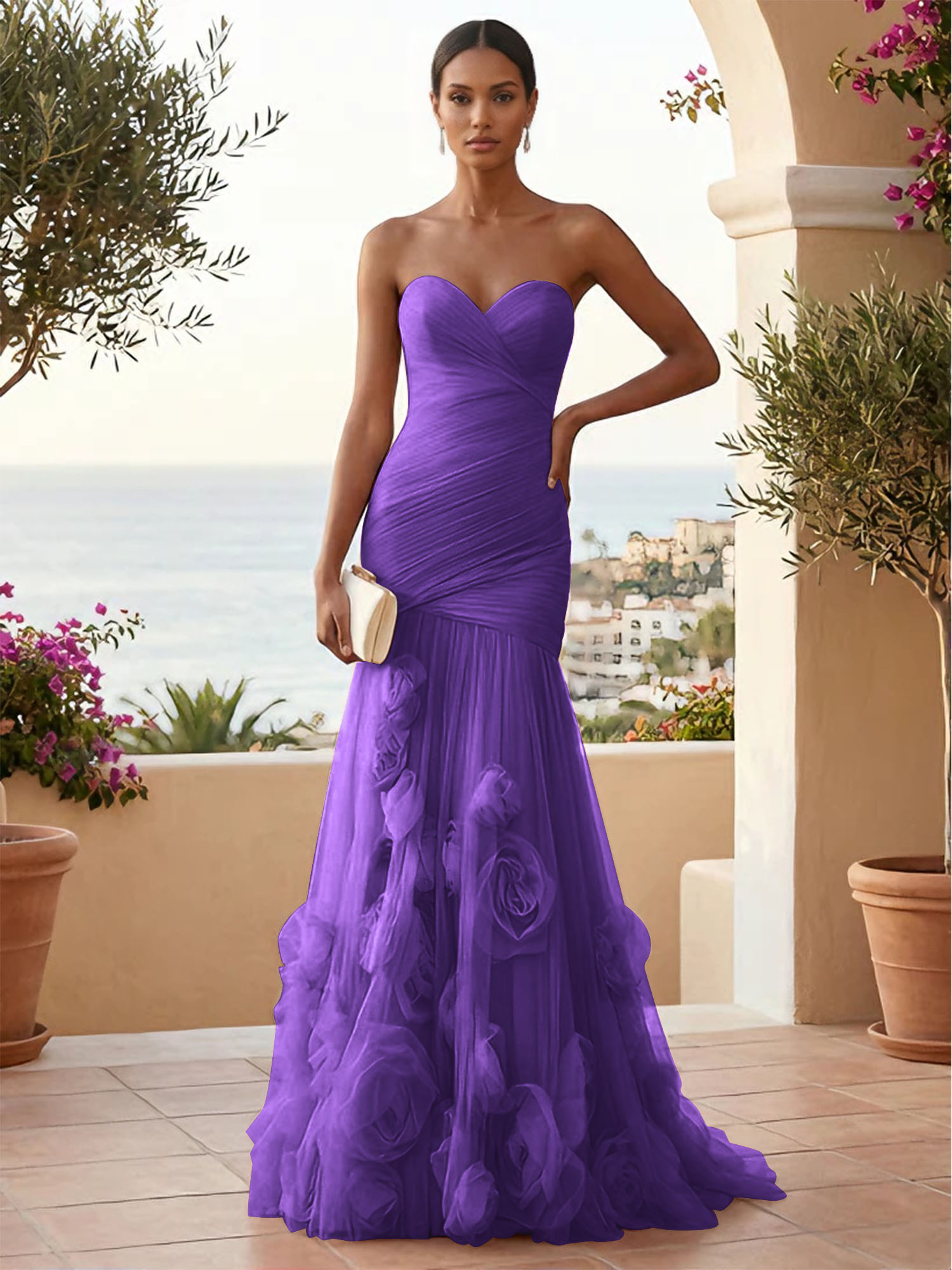 Sweetheart Tulle Pleat Mermaid Evening Dresses with 3D Flower