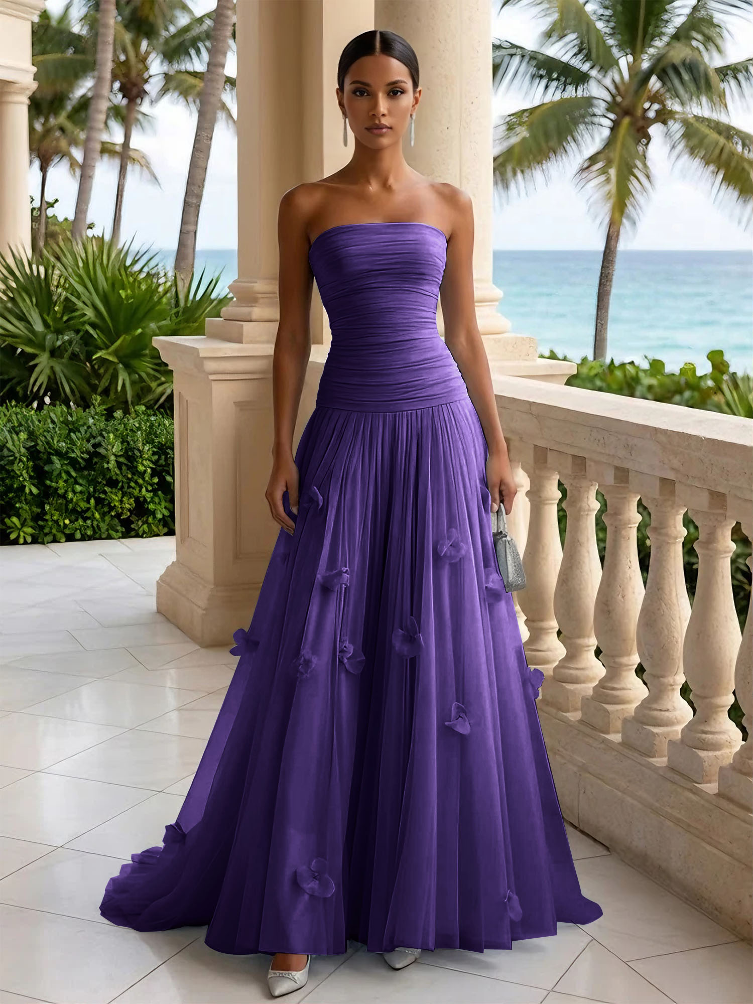 Light Blue Evening Dress with 3D Flower Strapless Pleat Maxi Dress