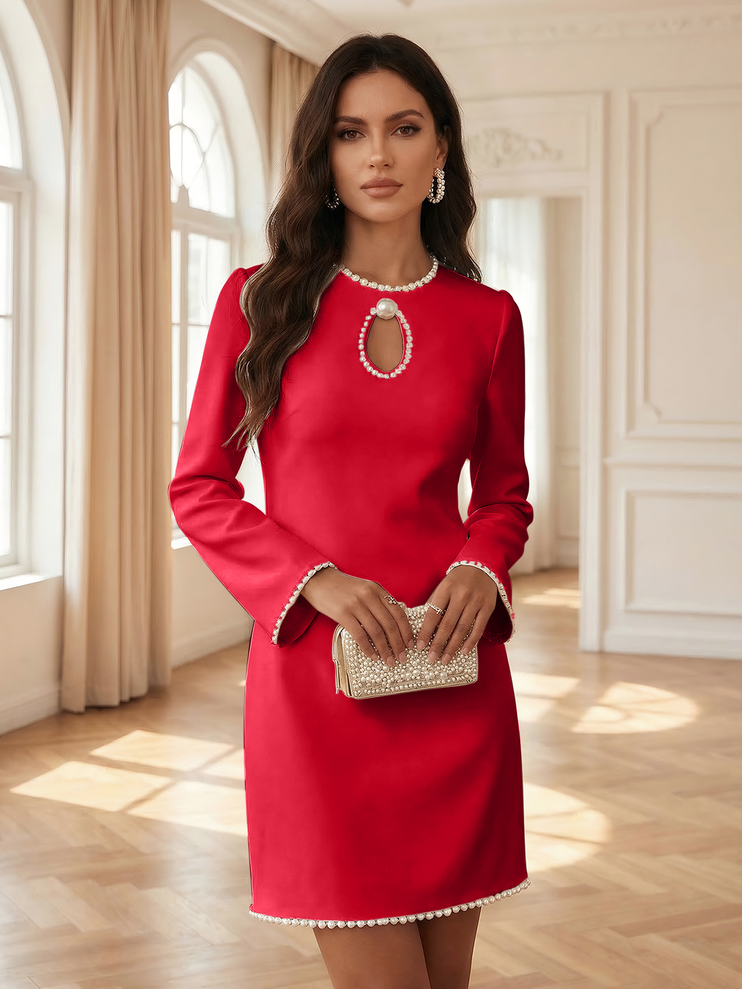 White Pearl Hollow Out Classic Crew Neck Long Sleeve Shift Mini Dress Gown