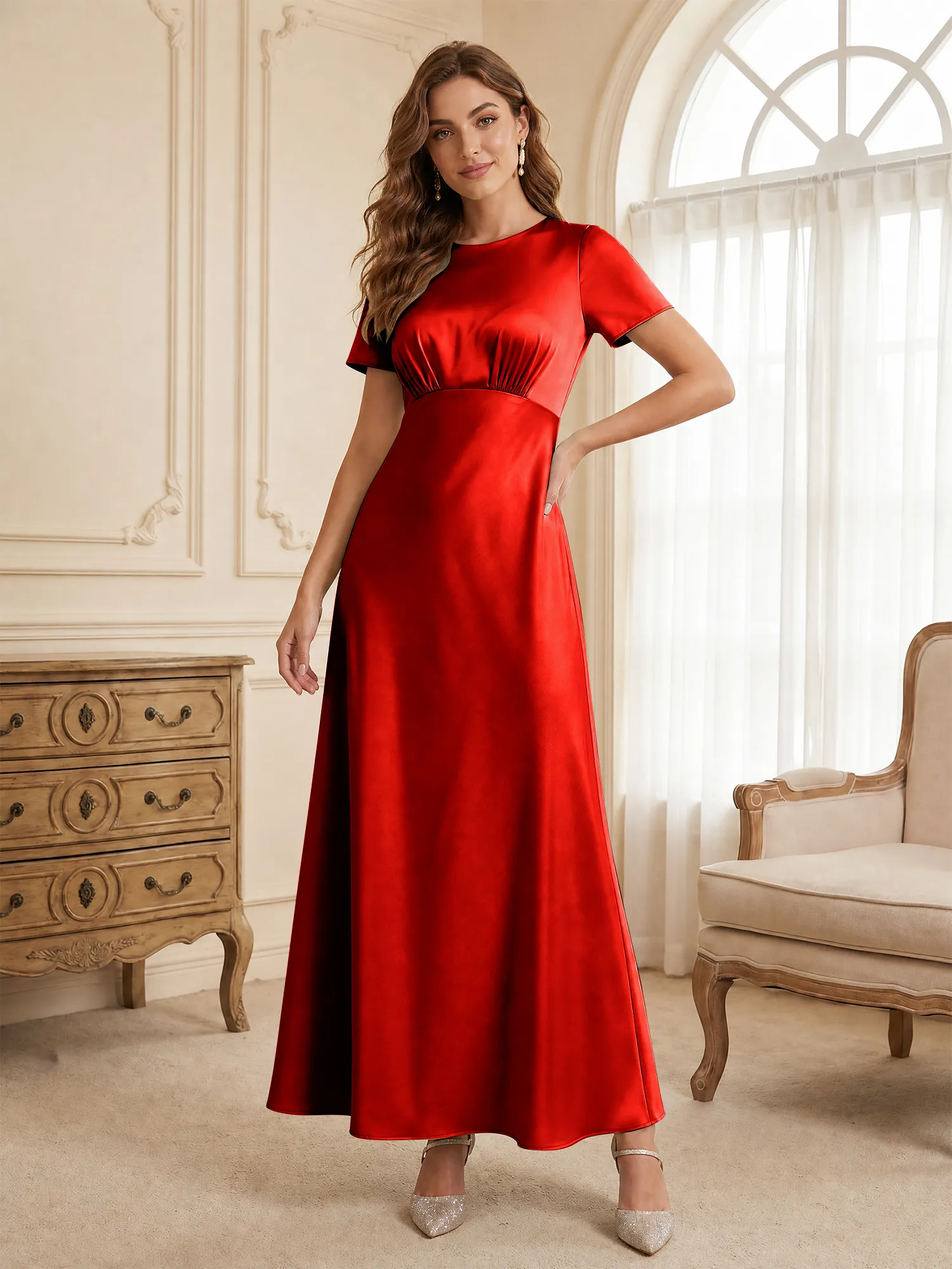 Round Neck Short Sleeve Satin Bridesmaid Dress