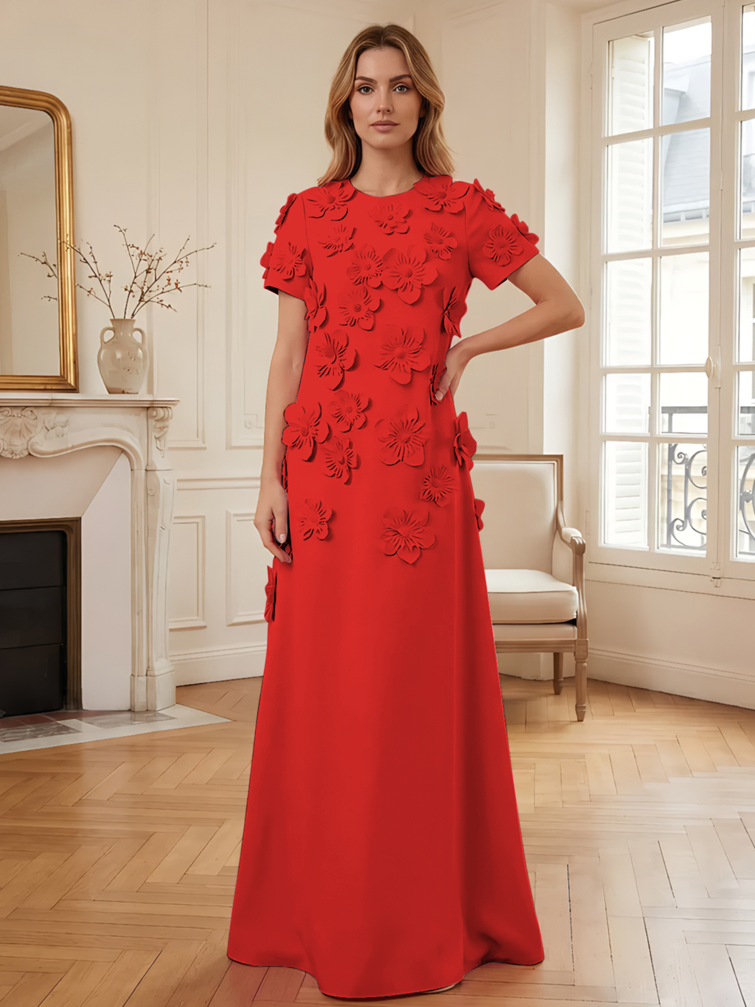 3D Floral Applique Short-Sleeve Column Evening Gown