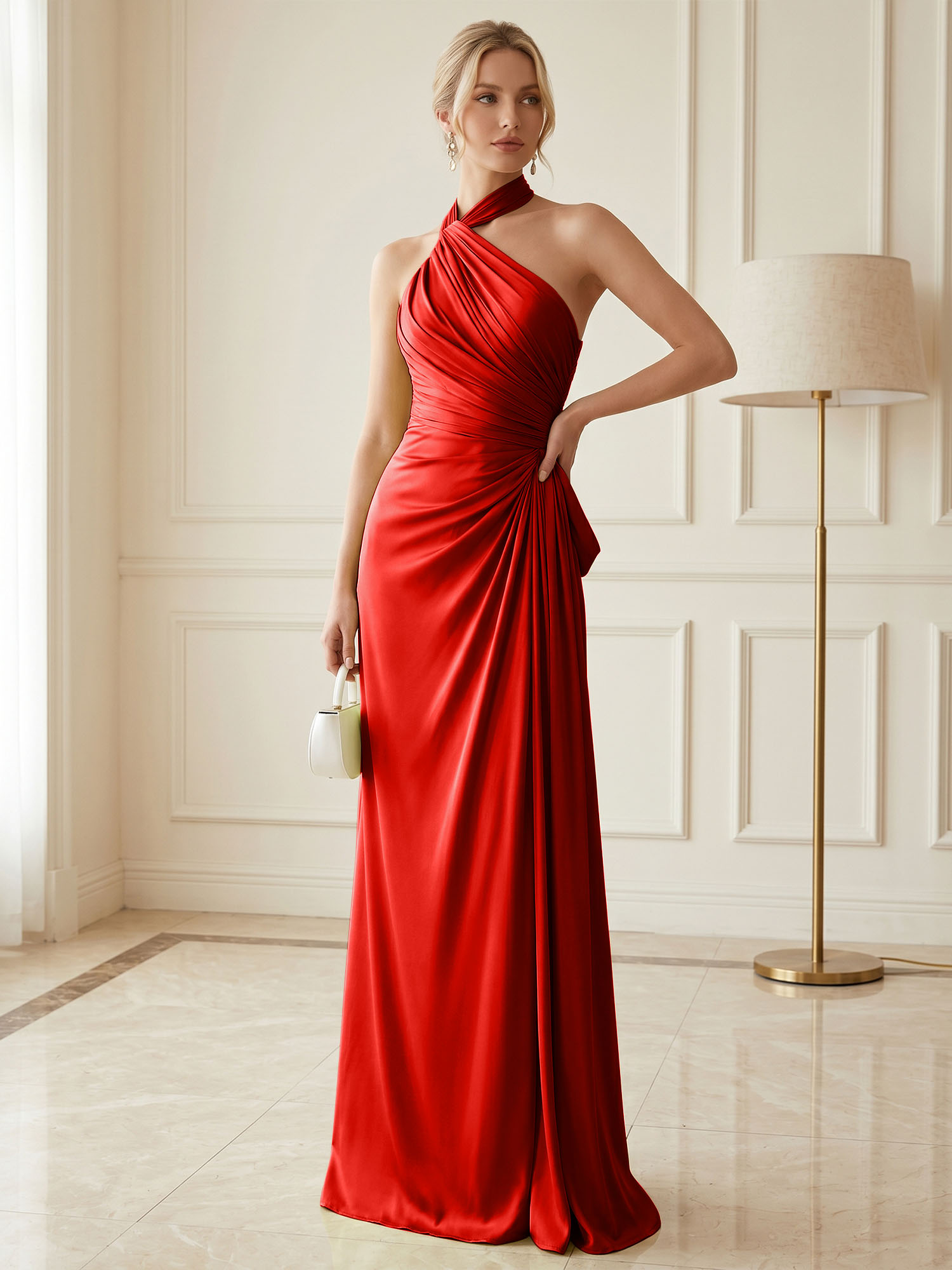 Chartreuse Glow Ruched Halter Satin Evening Dress