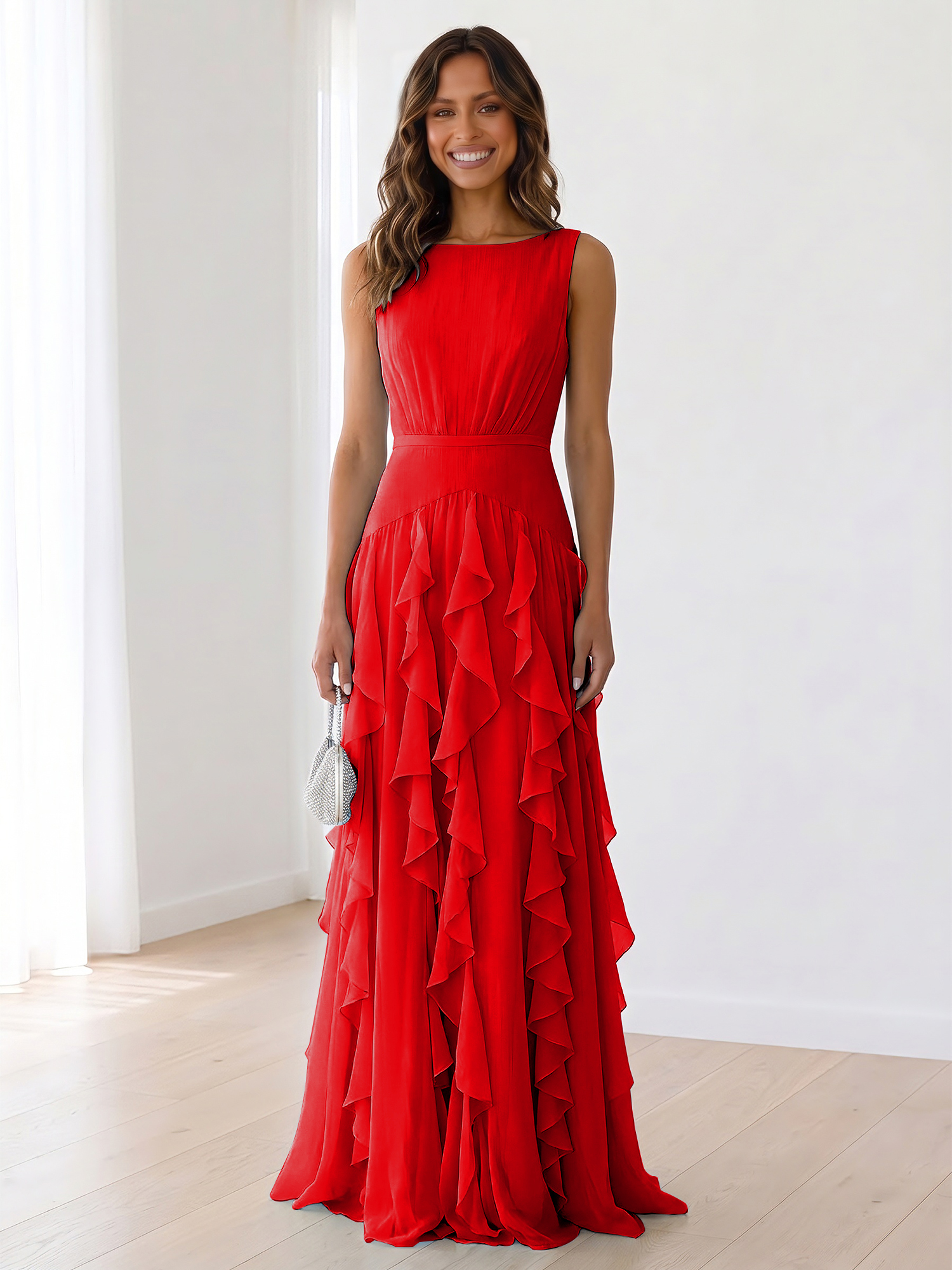 Ethereal Powder Blue Cascading Ruffle Maxi Formal Evening Dress