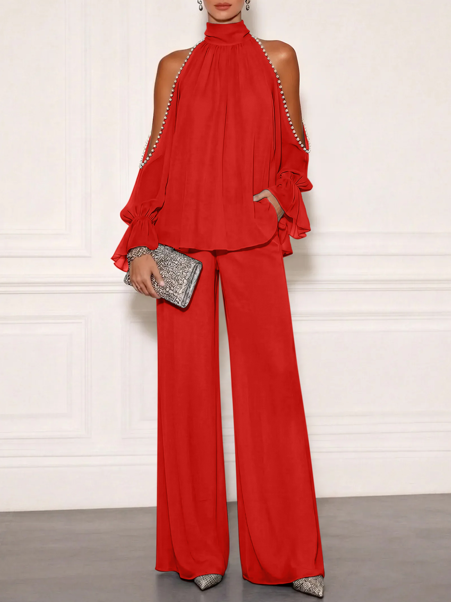 Sophisticated Embellished Cold Shoulder Formal Evening Jumpsuit