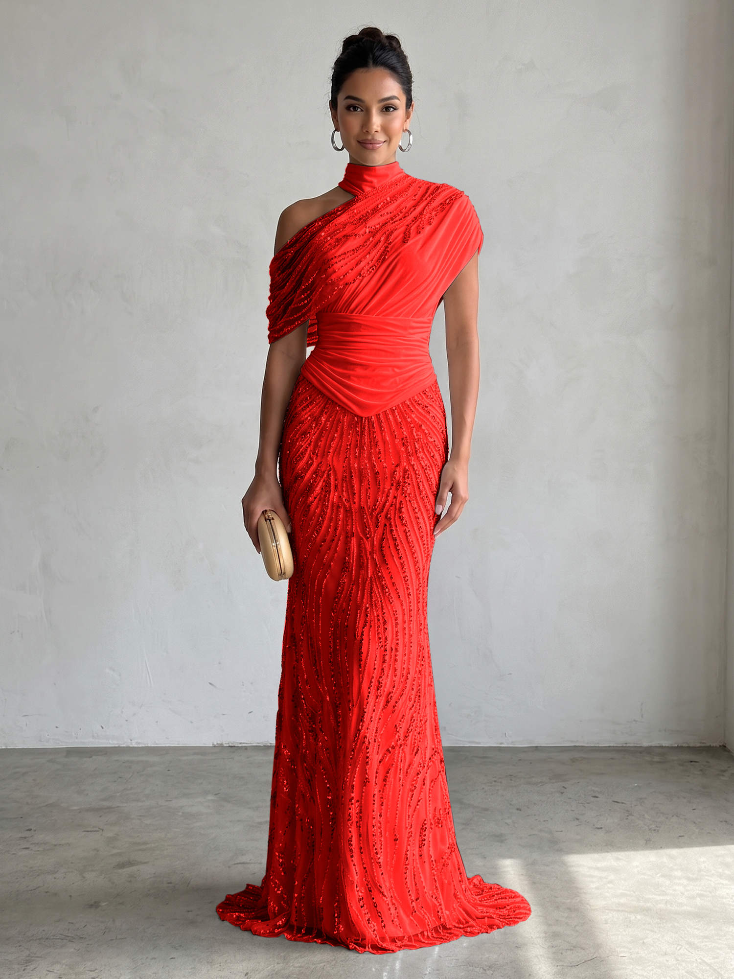 Ethereal White Beaded High-Neck Draped Sheath Formal Evening Dress