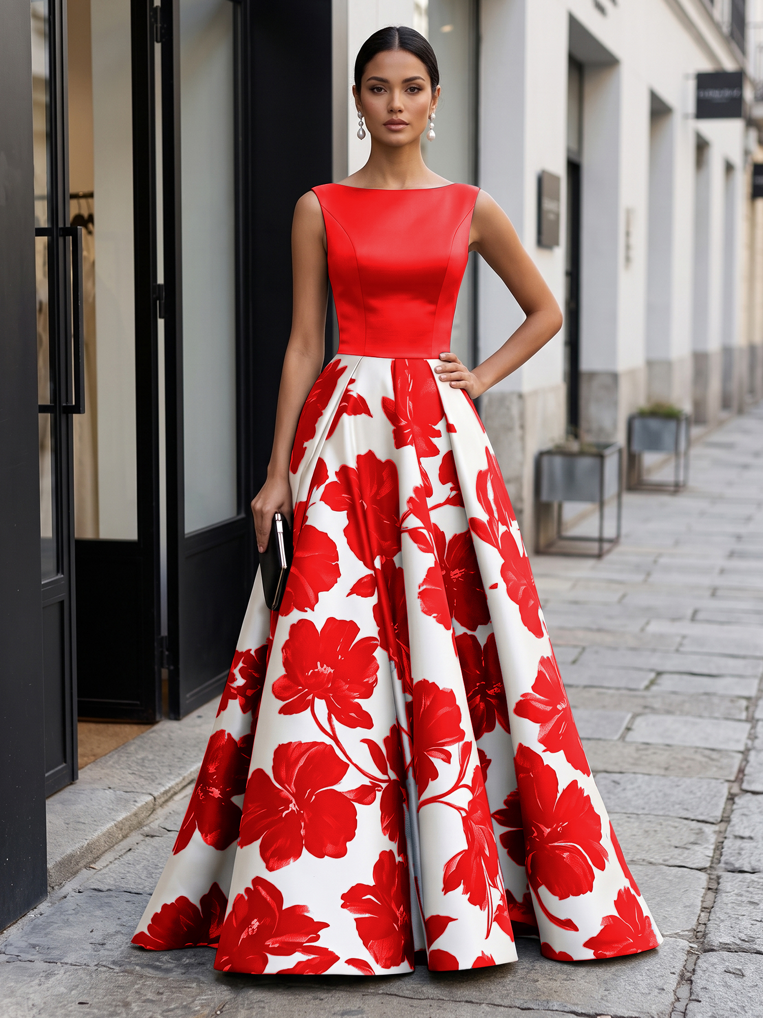 Black Timeless Monochrome Floral Statement Formal Evening Dress