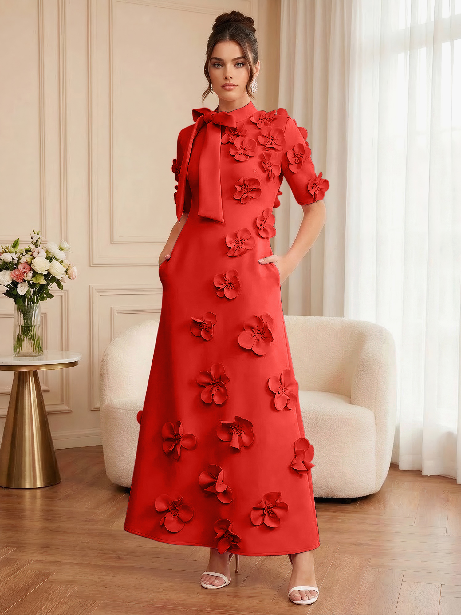 Pink Short Sleeve 3D Floral Maxi Dress Gown