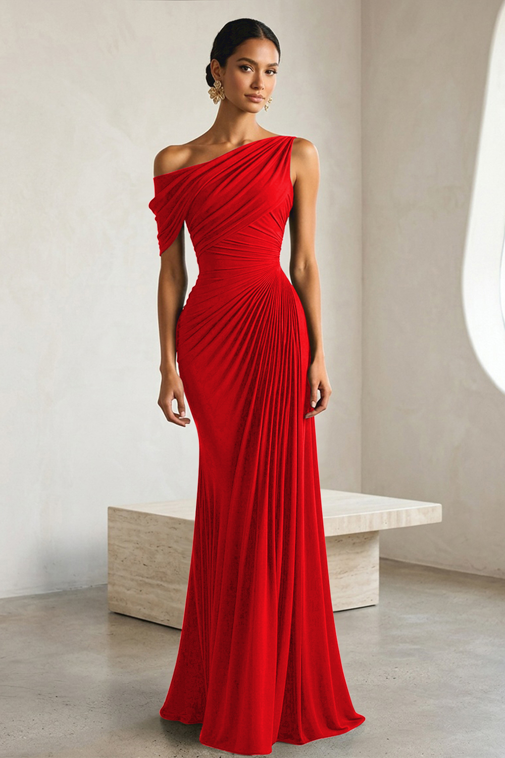 Timeless Black Architectural One-Shoulder Sheath Evening Gown