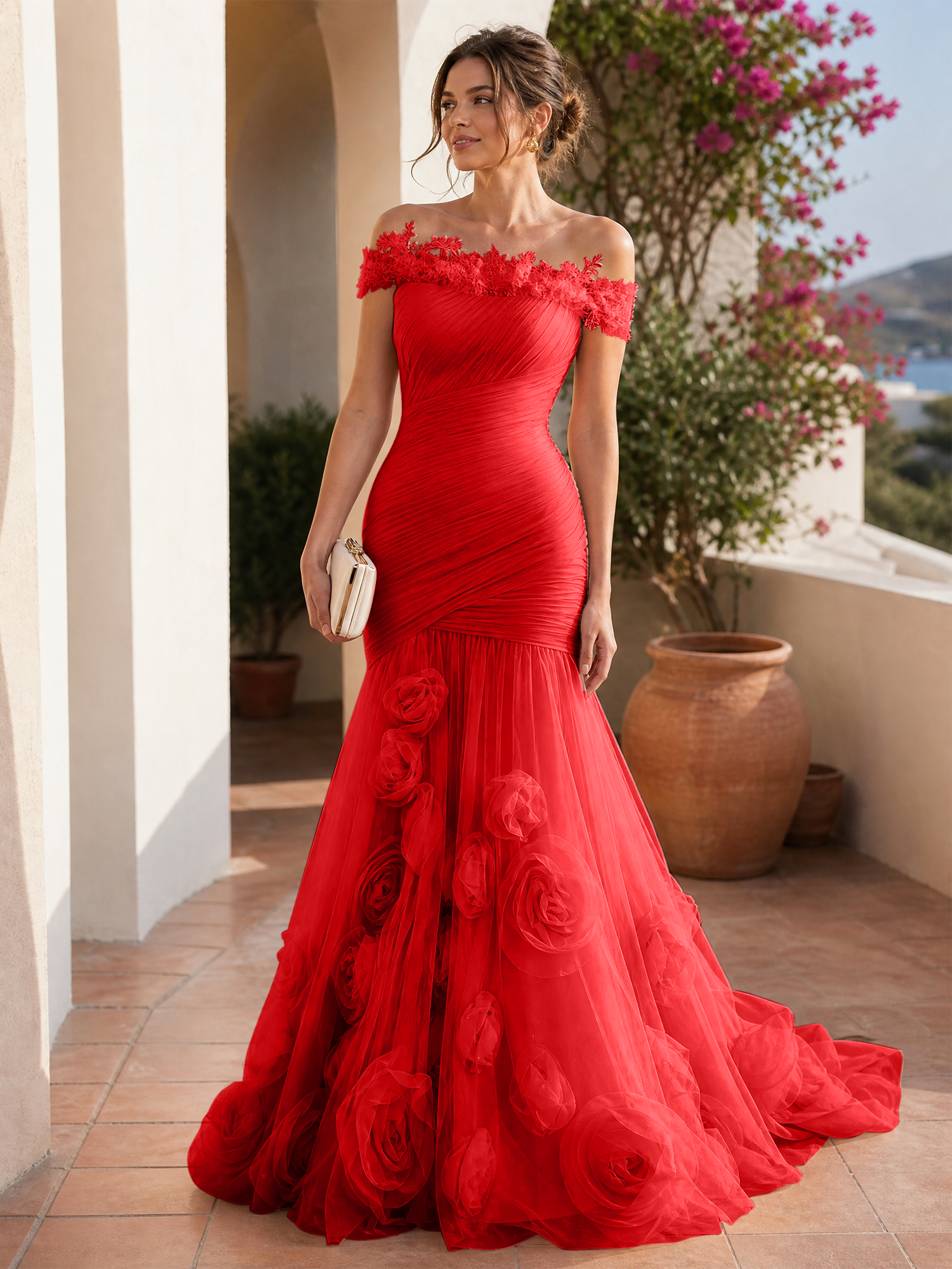 Romantic Blushing Rose Off-the-Shoulder Mermaid Formal Evening Dress 