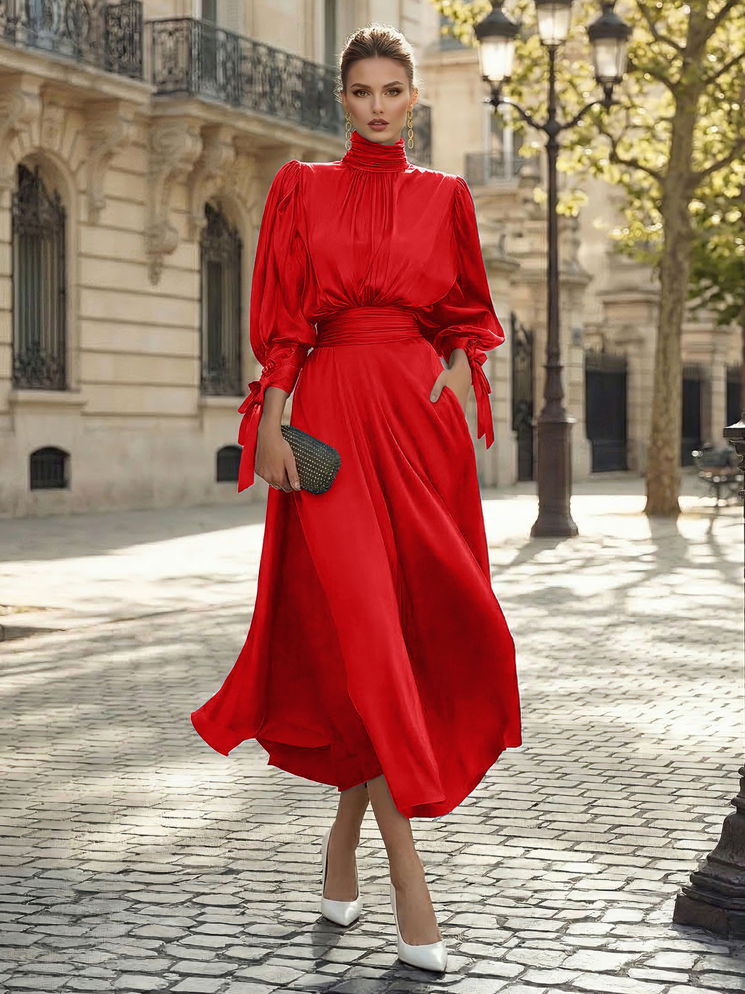 Sophisticated Camel V-Neck Balloon Sleeve Midi Dress Evening Gown