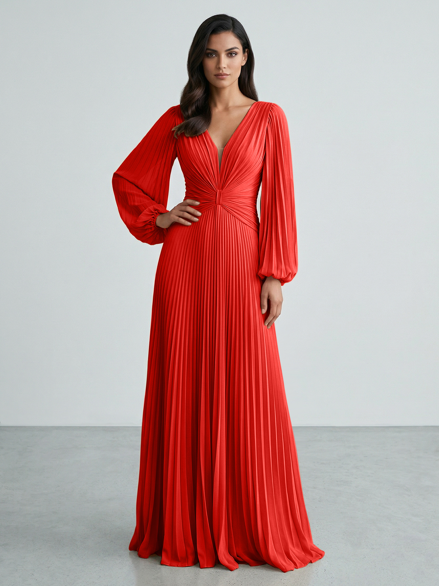 Slate Blue Plunging V-Neck Pleated Long Sleeve Maxi Dress Gown