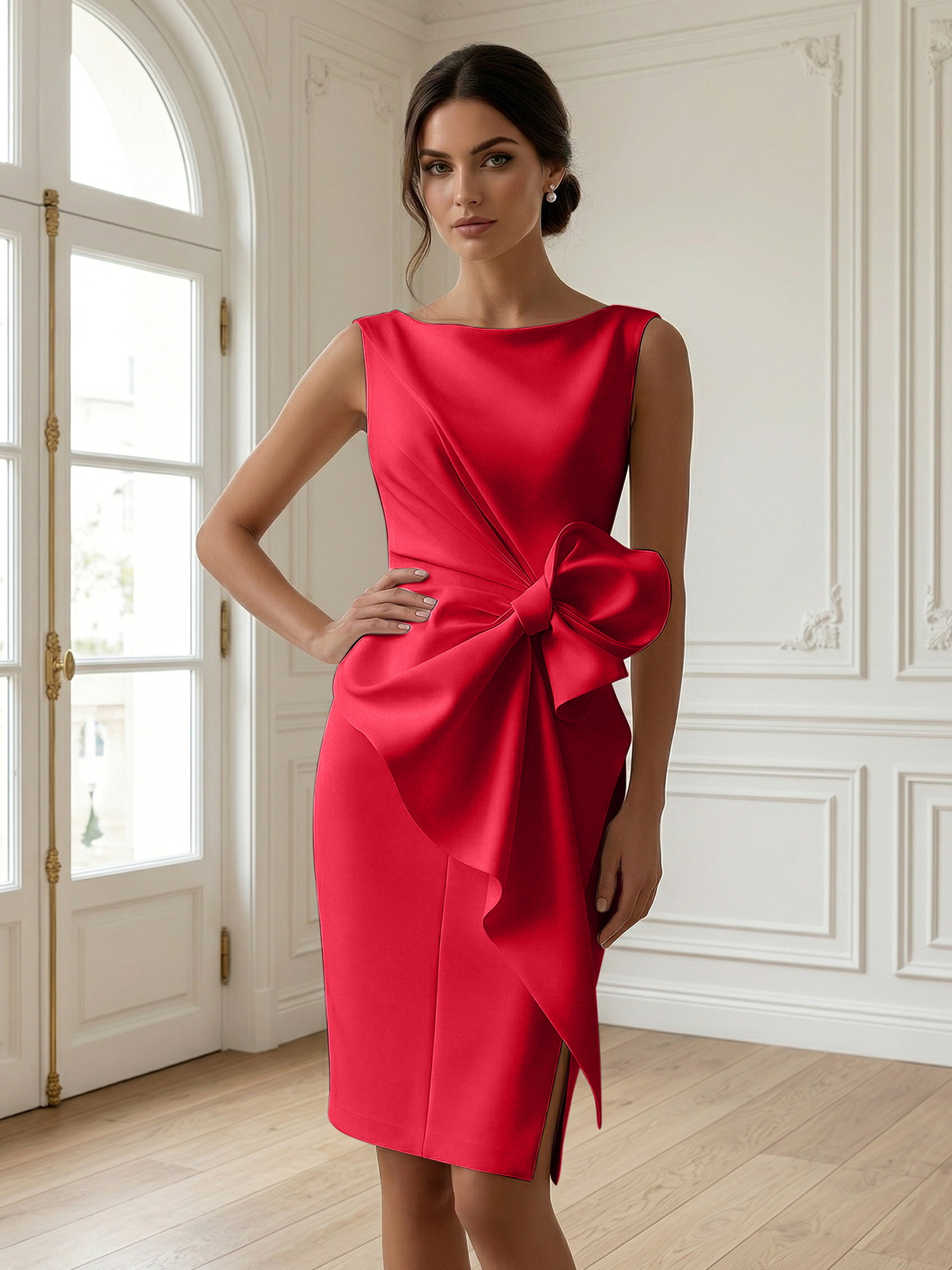 White 3D Bow Sleeveless Sheath Midi Dress Evening Gown