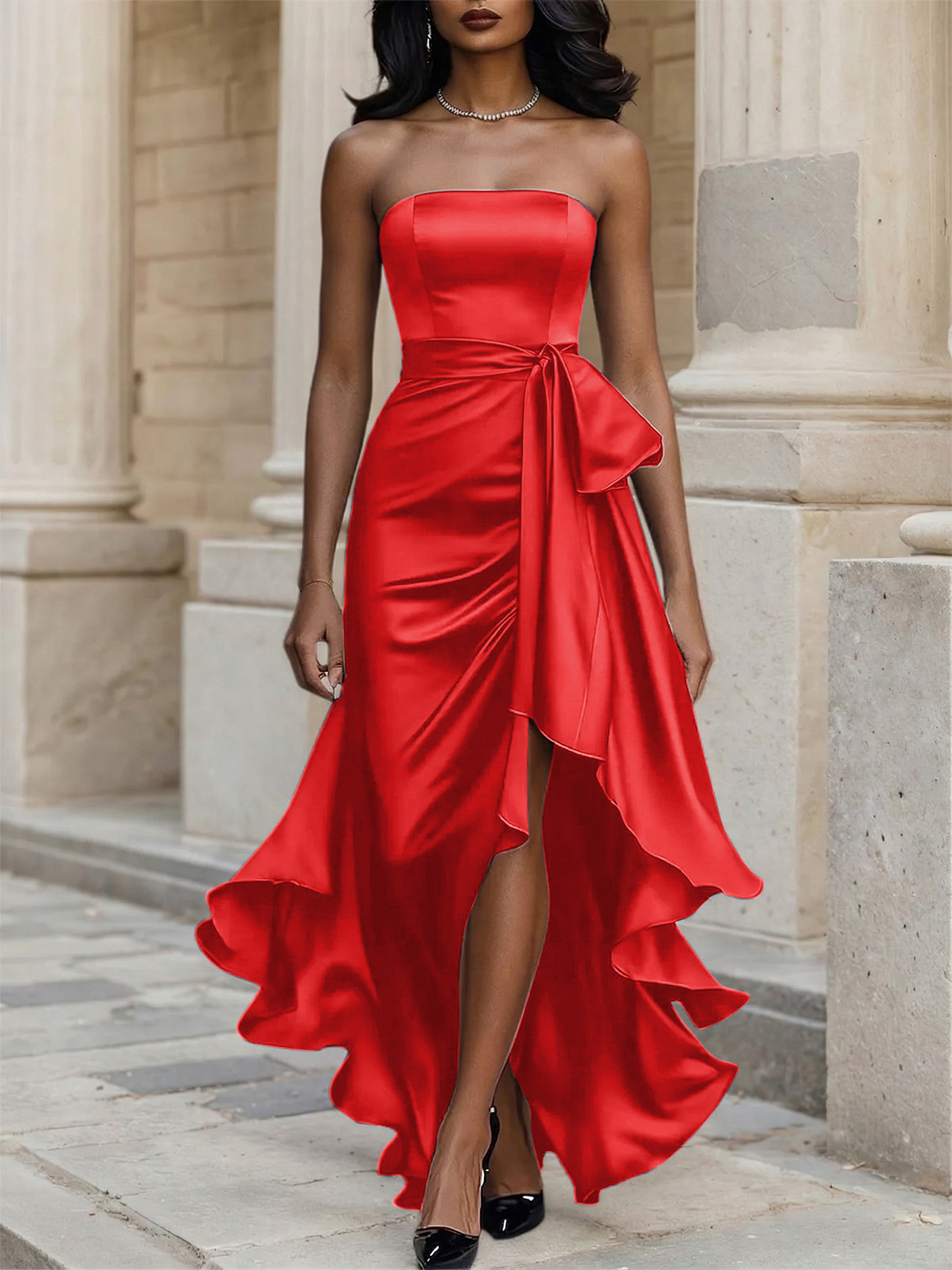 Glamorous Formal Dress Midnight Navy Strapless High-Low Satin Gown Midi Dress