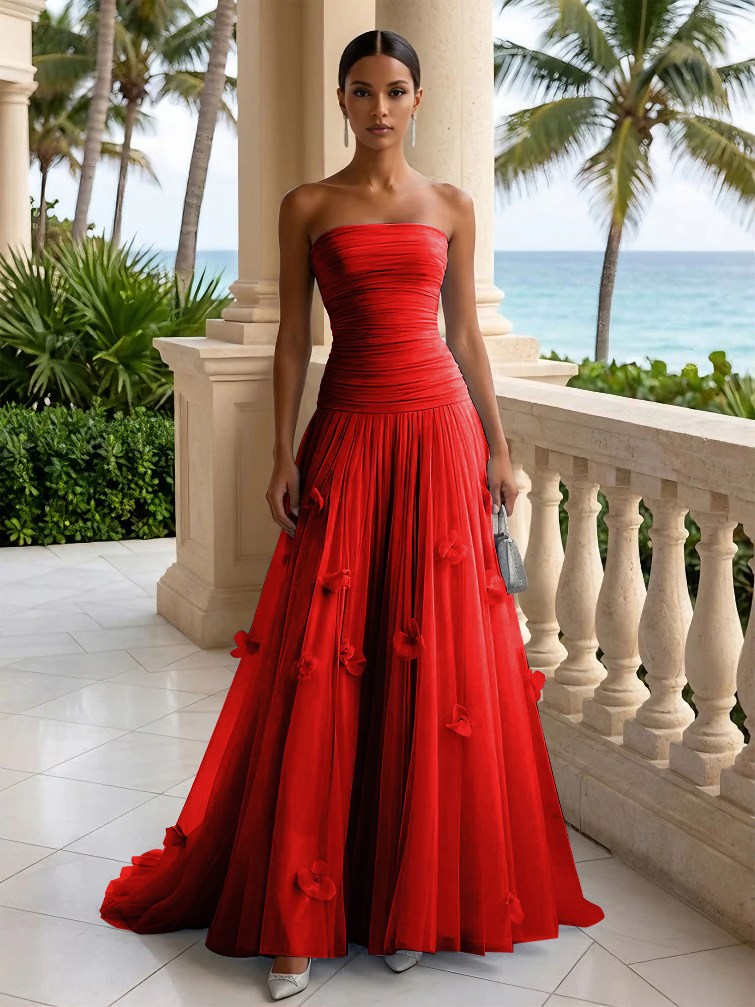 Light Blue Evening Dress with 3D Flower Strapless Pleat Maxi Dress