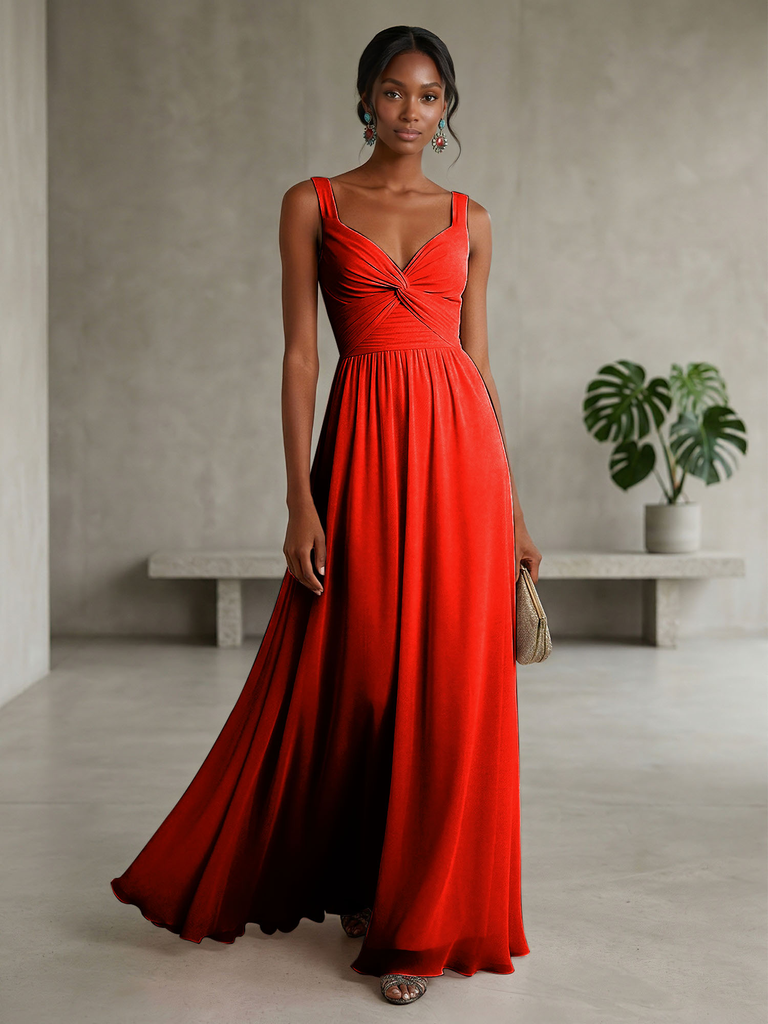 Elegant Soft Blush Twist-Front Chiffon Maxi Gown