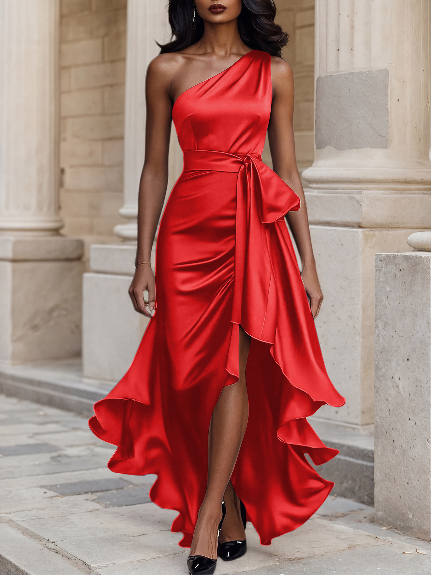 Glamorous Formal Dress Midnight Navy One Shoulder High-Low Satin Gown Midi Dress