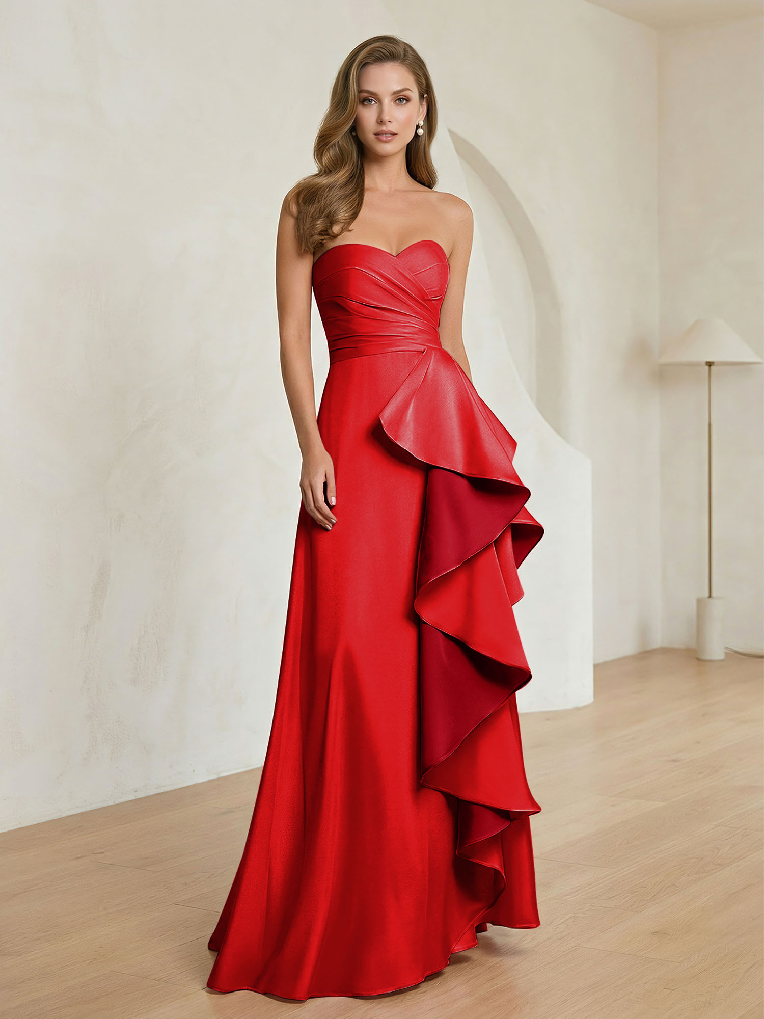 Formal Evening Dress Blush Strapless Ruffle Maxi Dress Gown