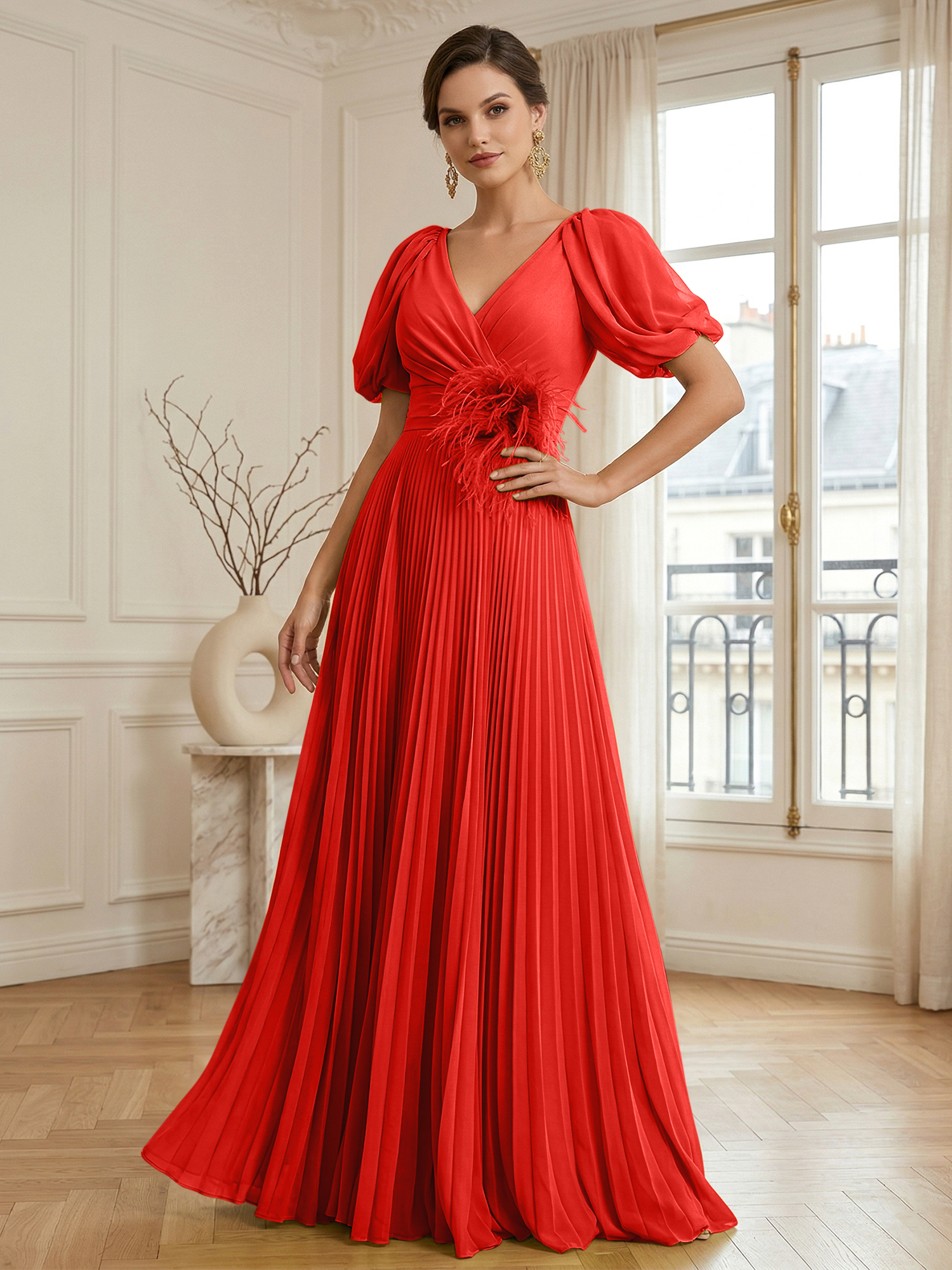 A-Line Chiffon Evening Gown with Feather V-Neck Short Sleeves Formal Dress