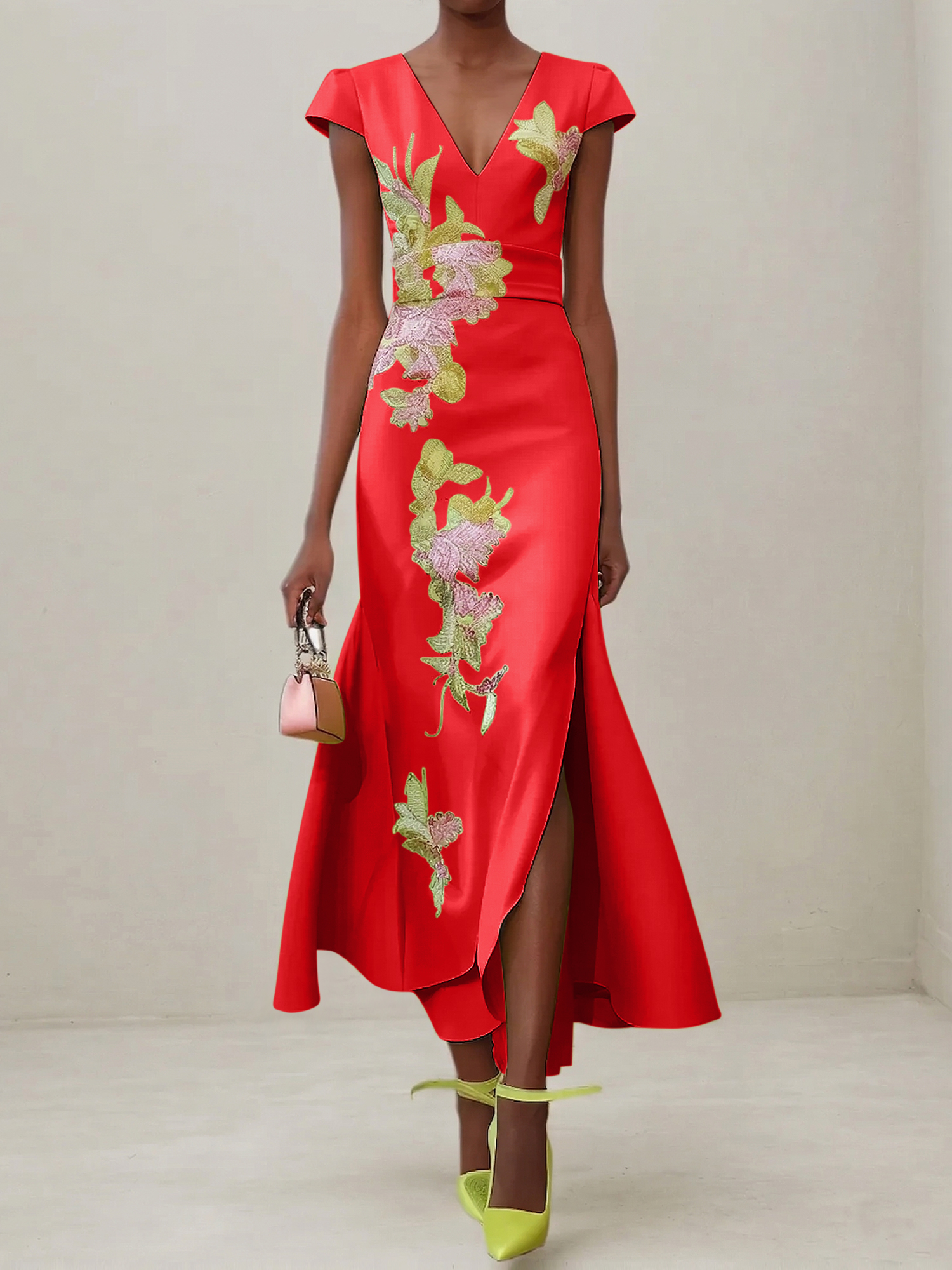Elegant V-Neck Cap Sleeve Satin Midi Gown with Floral Embroidery & High Slit