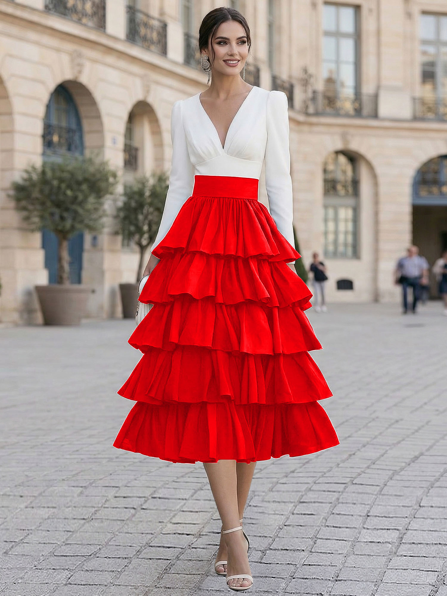 Elegant V-Neck Long Sleeve Tiered Ruffle Midi Dress with Contrast Waistband