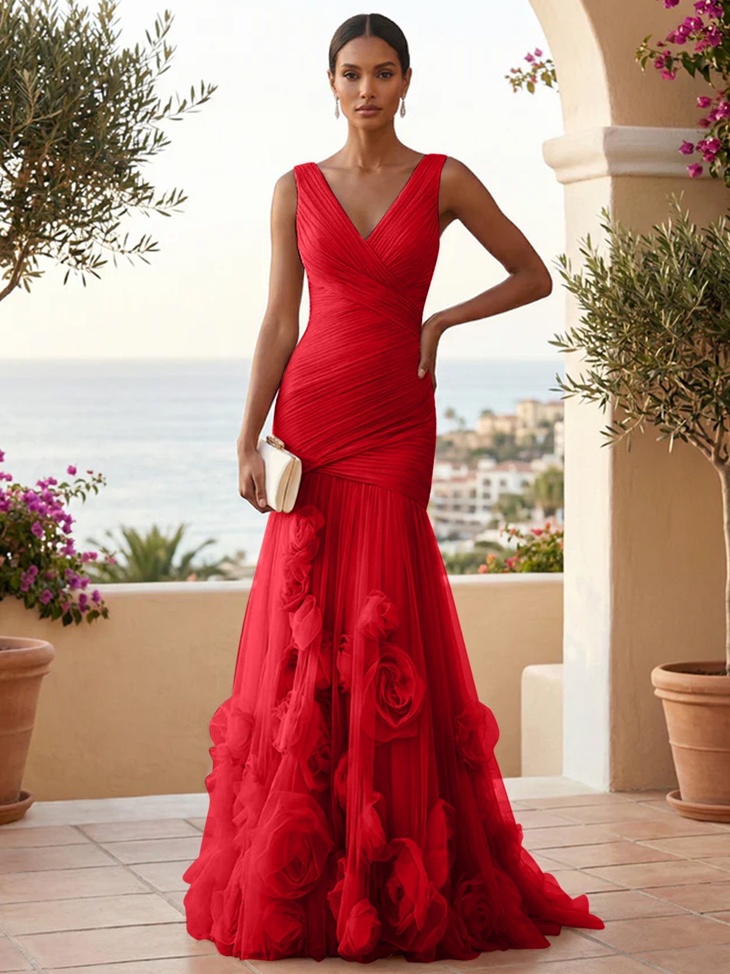 Sweetheart Tulle V Neck Pleat Mermaid Evening Dresses with 3D Flower