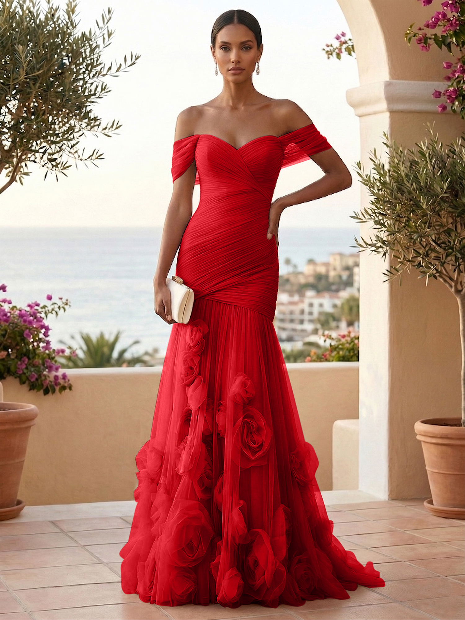 Sweetheart Tulle Off the Shoulder Pleat Mermaid Evening Dresses with 3D Flower