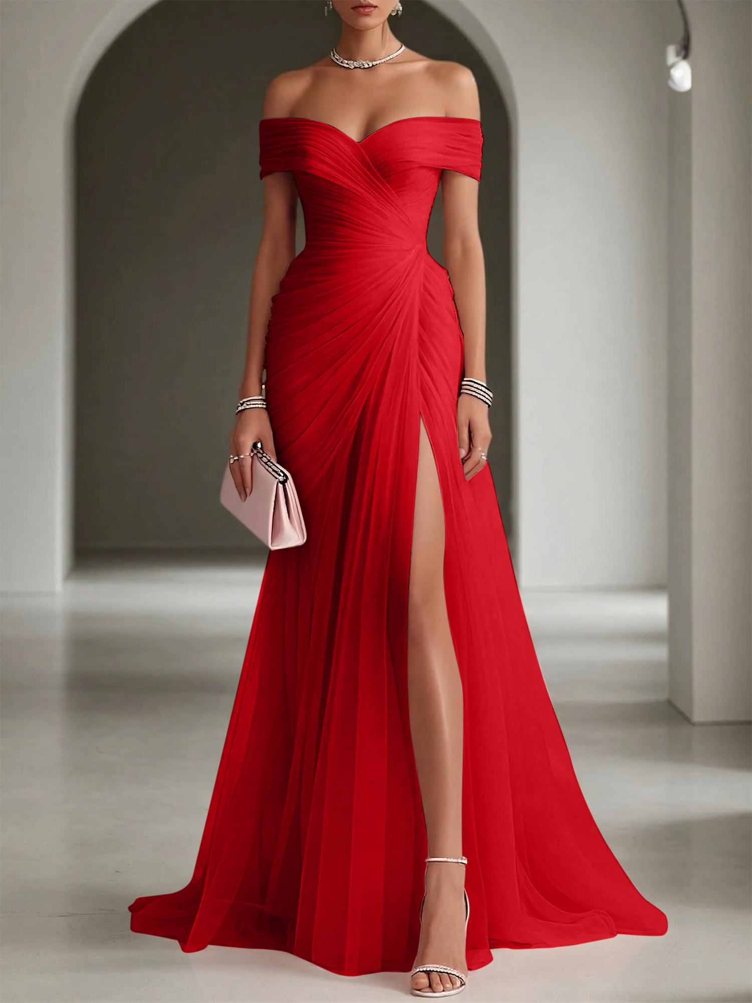 Blush Ruched Slit Tulle Off the Shoulder Sleeveless Sheath Gown Dress