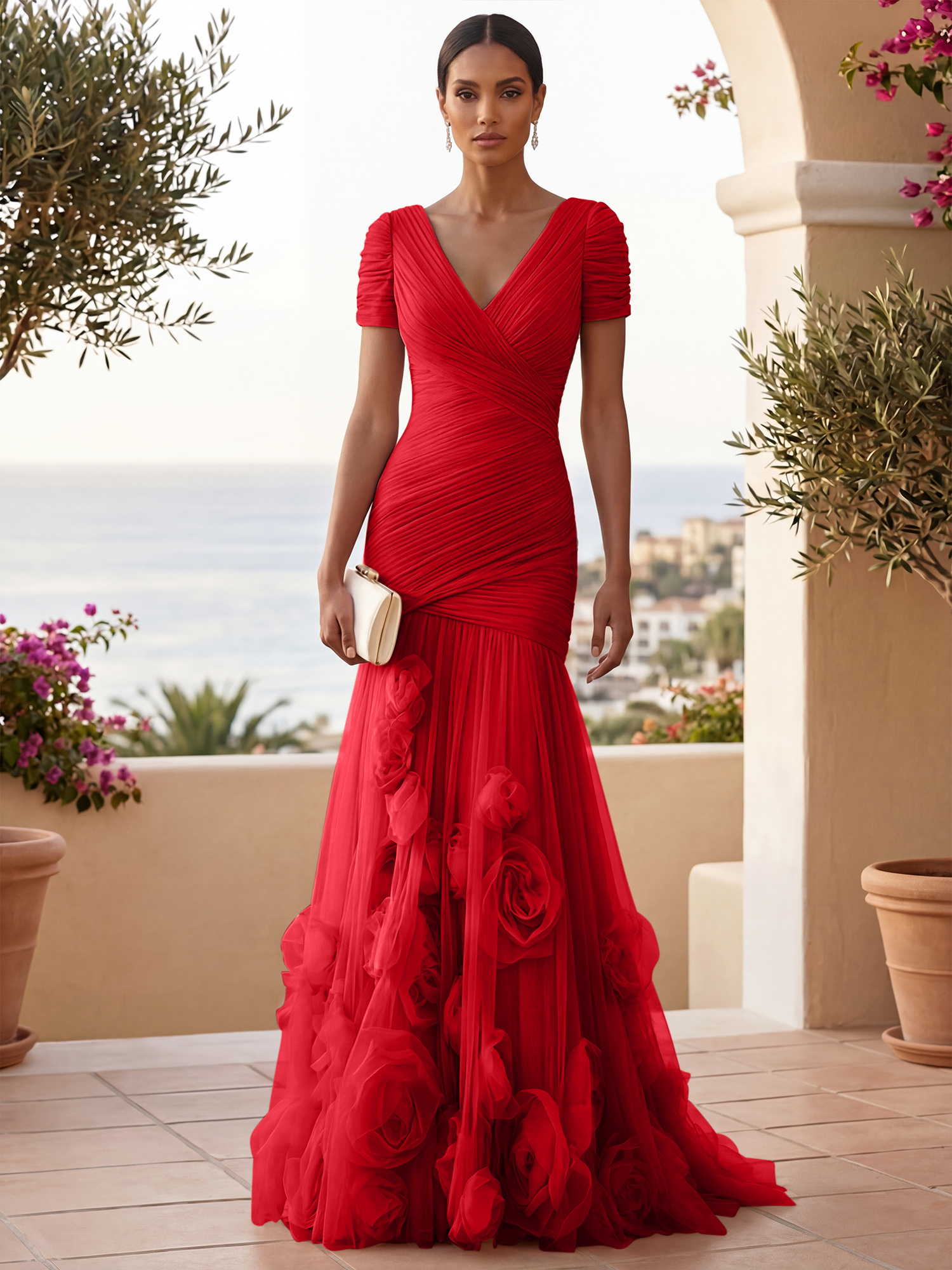 Sweetheart Tulle Short Sleeves Pleat Mermaid Evening Dresses with 3D Flower