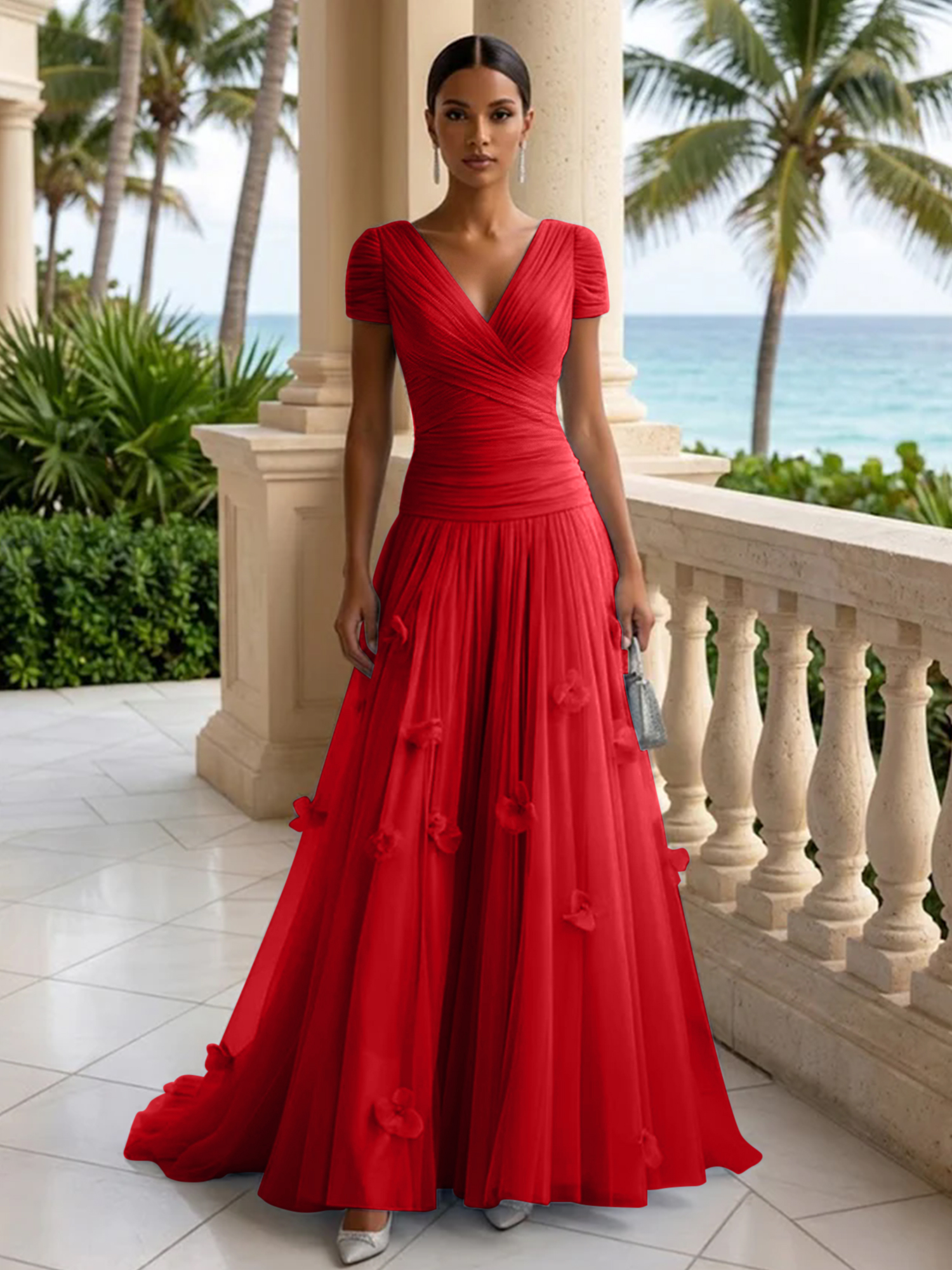 Elegant V-Neck Ruched Tulle A-Line Evening Gown with 3D Floral Appliqués