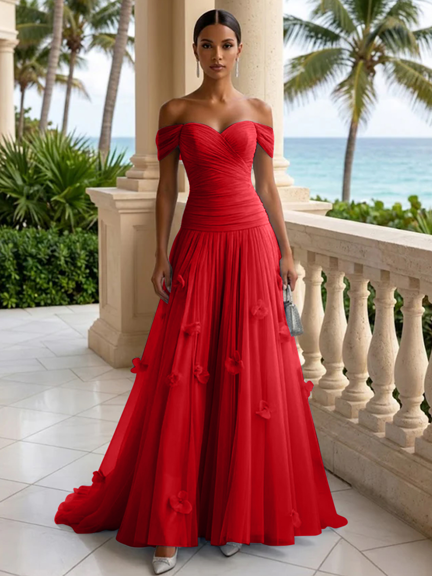 Elegant Off-the-Shoulder Ruched Tulle A-Line Evening Gown with 3D Floral Appliqués