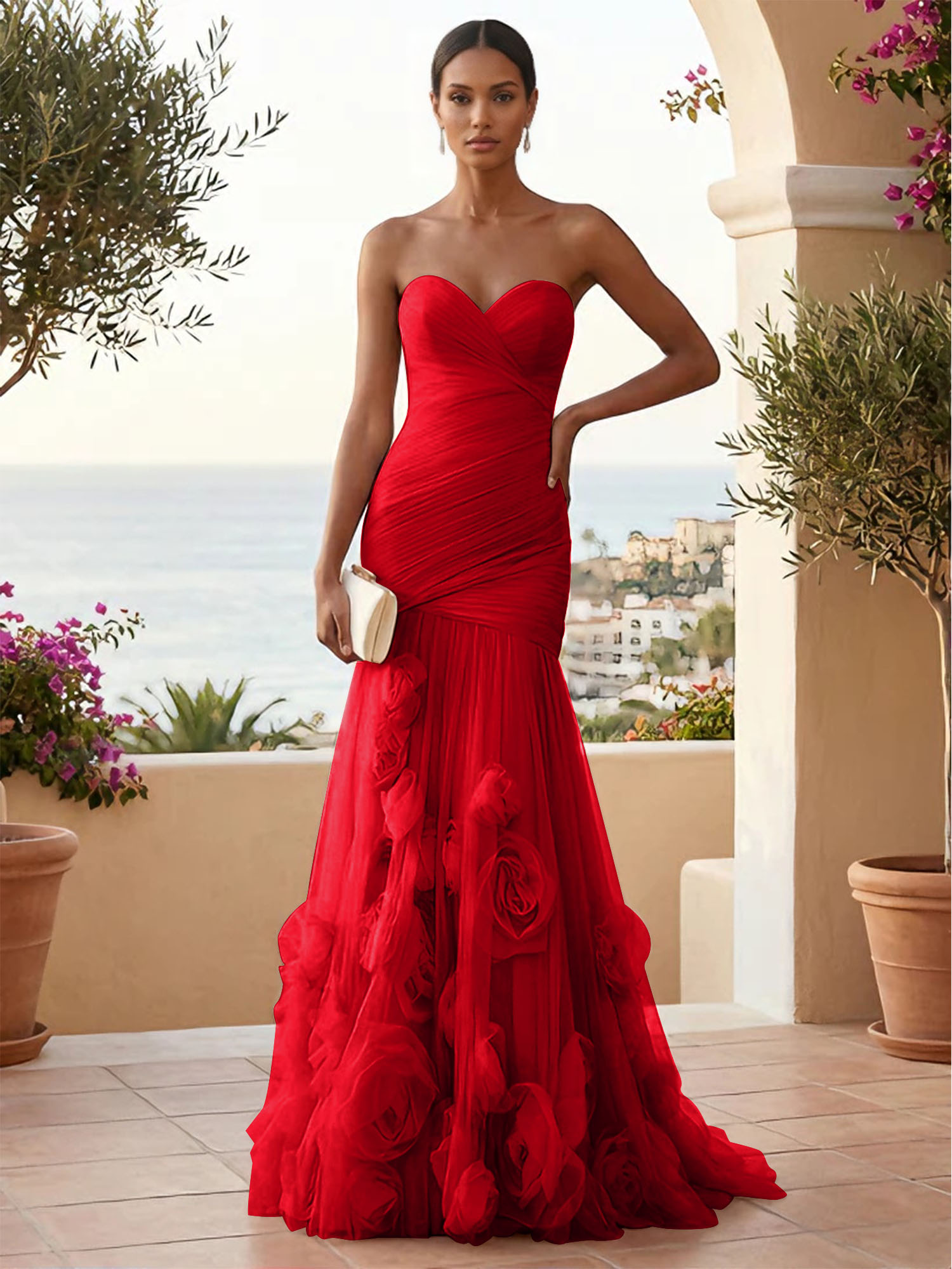 Sweetheart Tulle Pleat Mermaid Evening Dresses with 3D Flower