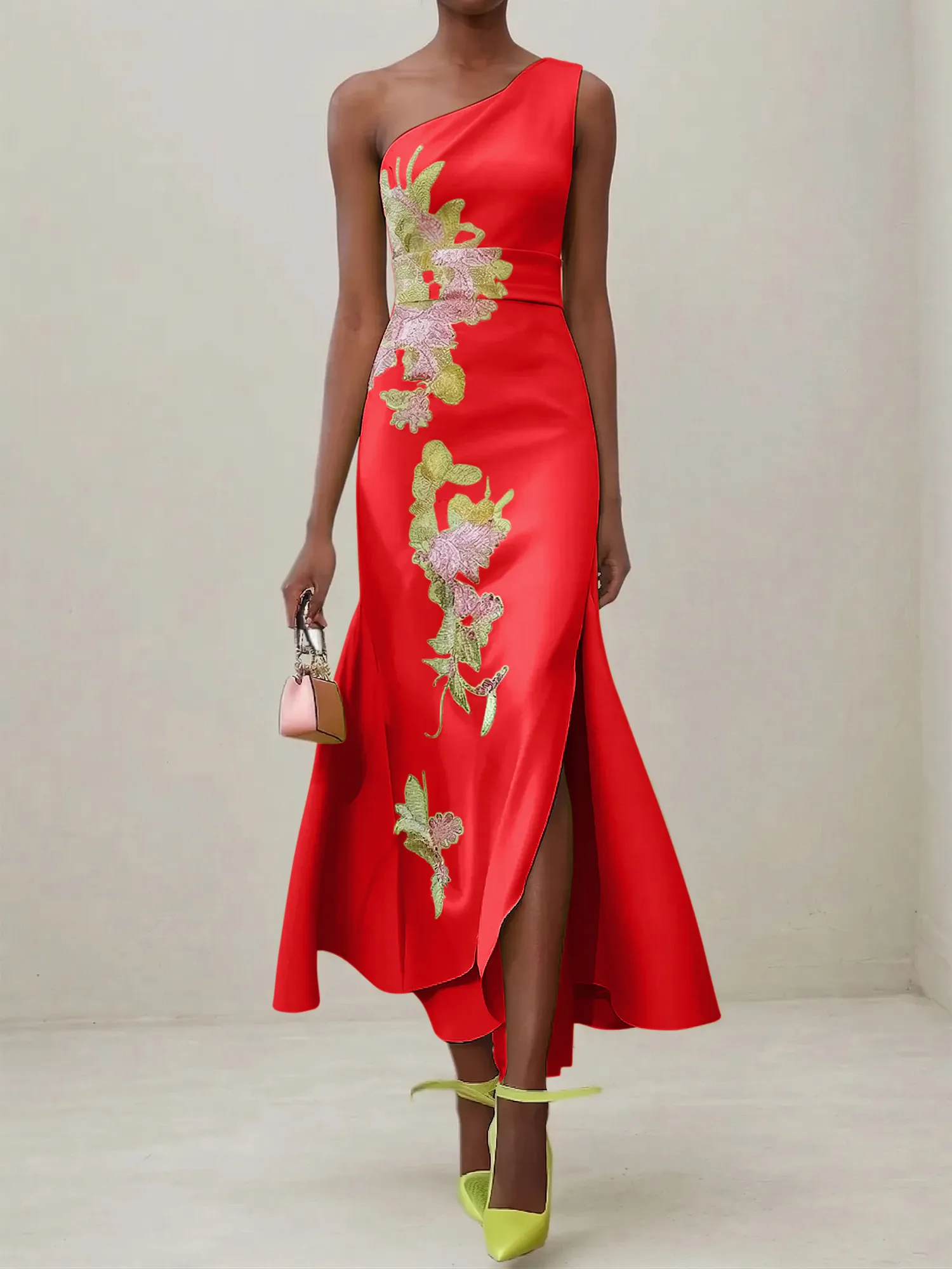 Elegant One Shoulder Cap Sleeve Satin Midi Gown with Floral Embroidery & High Slit