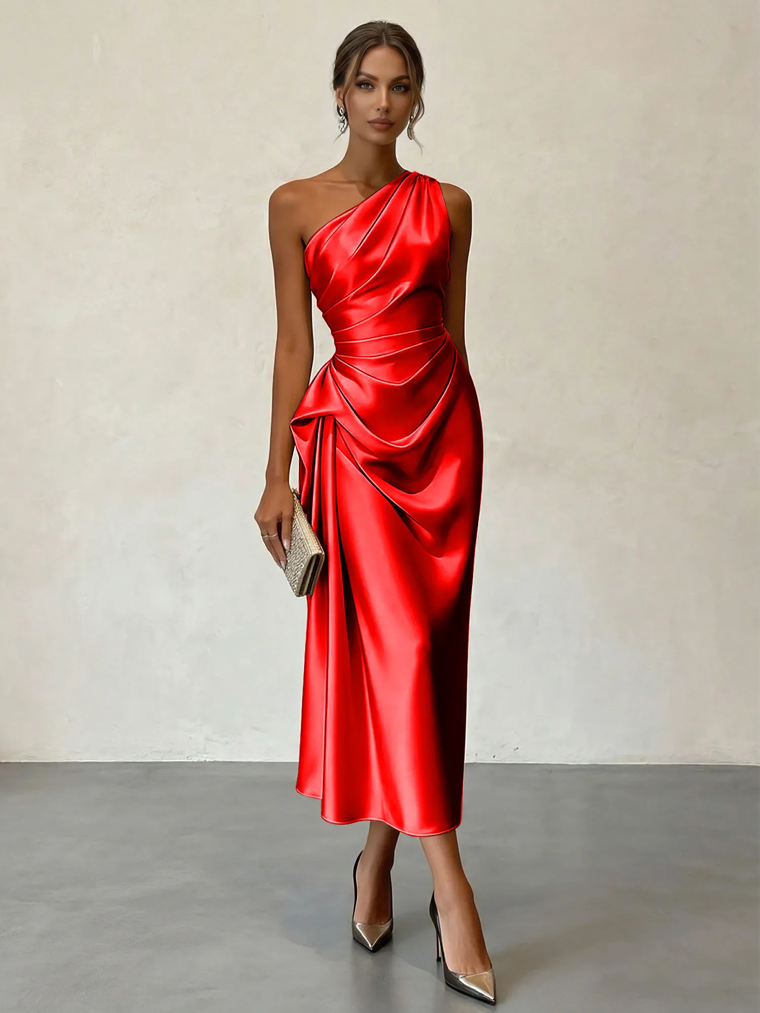 One-Shoulder Ruched Satin Midi Evening Dress with Draped Detail