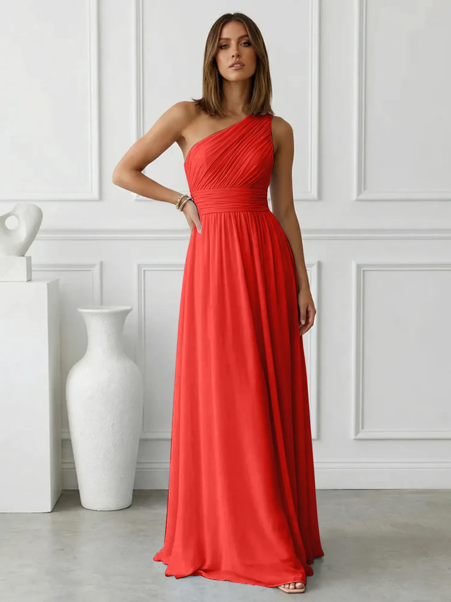 One-Shoulder Pleated Chiffon A-Line Evening Dress