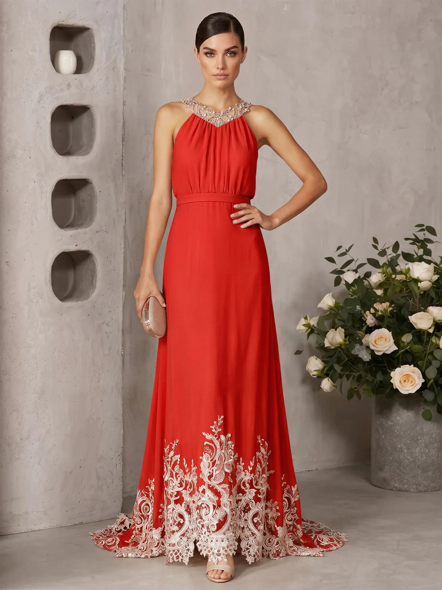 Halter Neck Beaded Chiffon Gown with Lace Hem