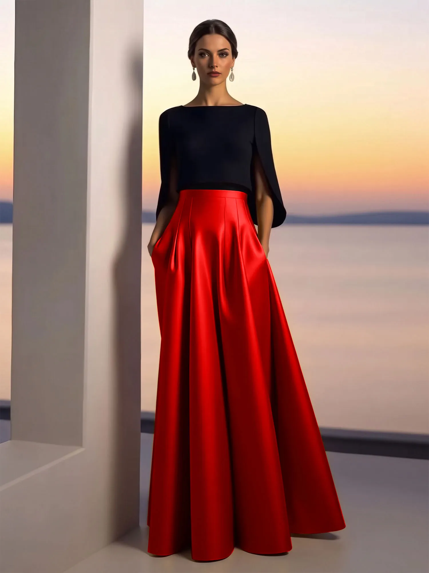 Two-Piece Cape Sleeve Satin Ball Gown Evening Dress