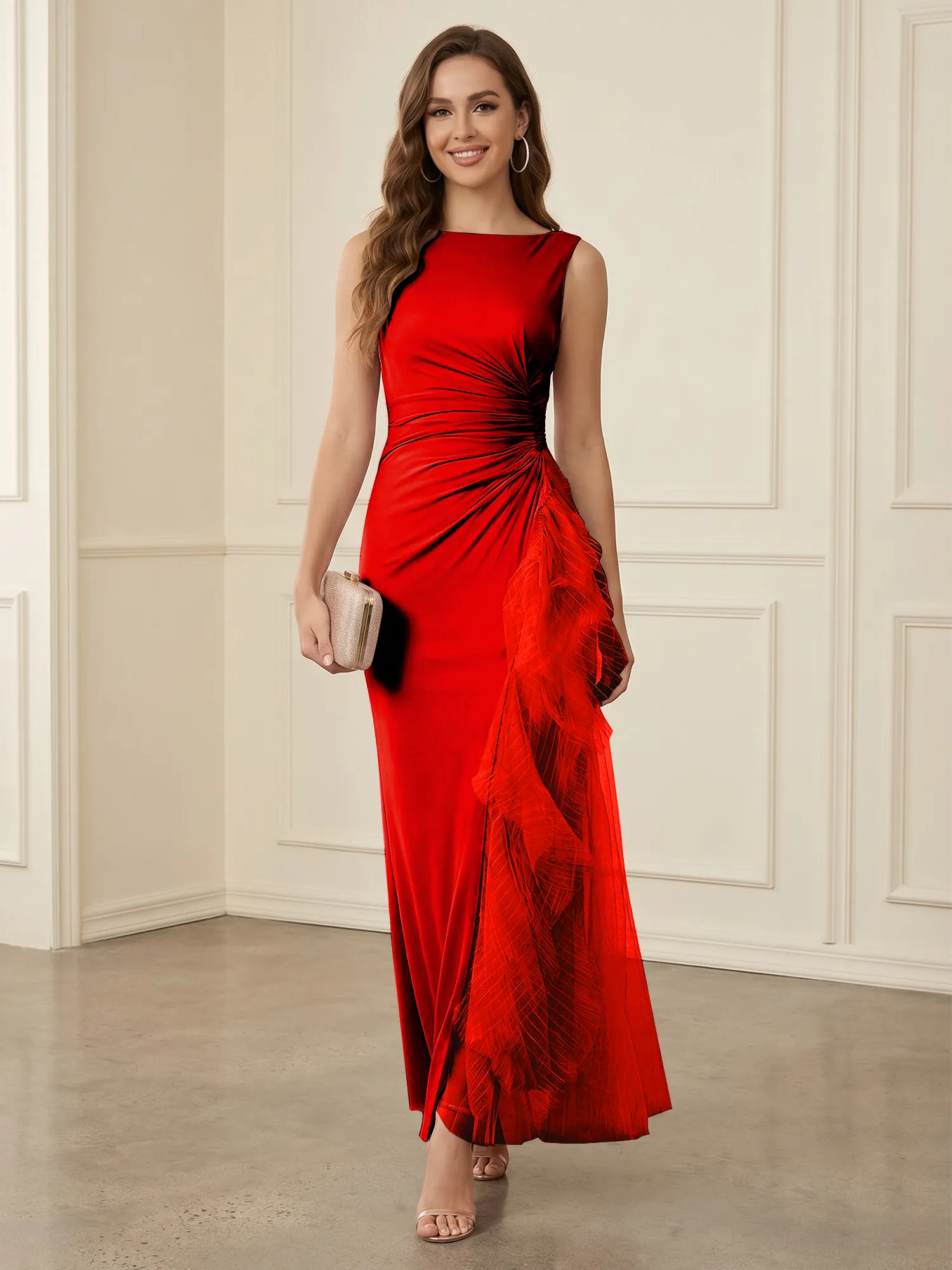 Sleeveless Ruched Sheath Evening Gown with Tulle Ruffle Detail