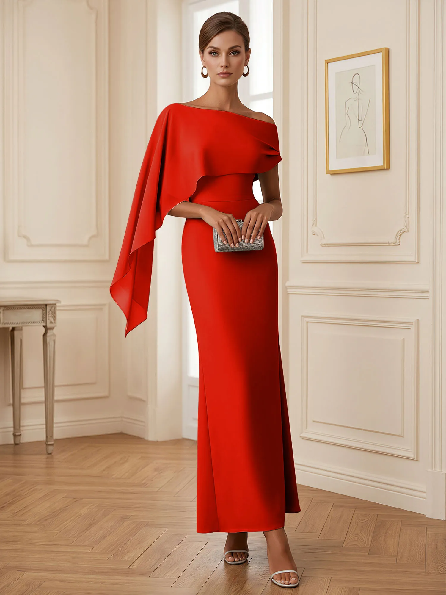 One-Shoulder Chiffon Overlay Mermaid Evening Gown