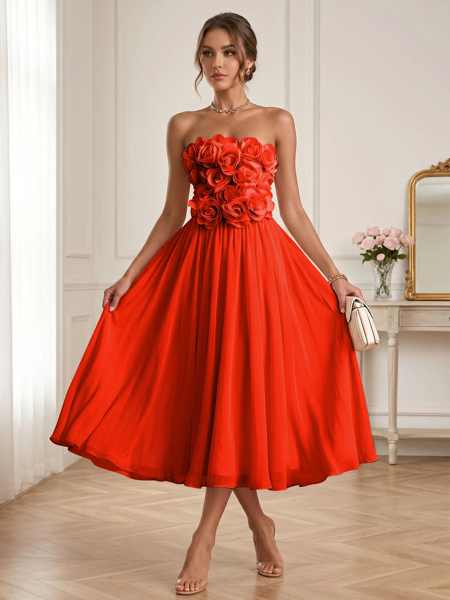 Strapless 3D Floral Chiffon A-Line Midi Formal Dress