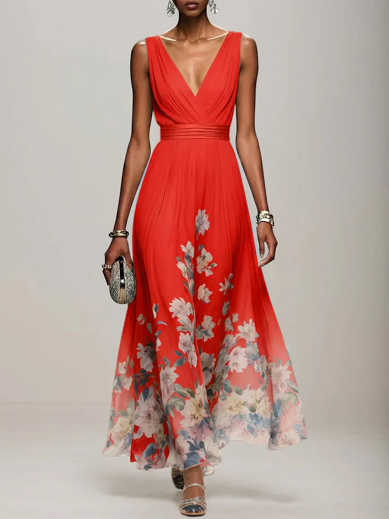 V-Neck Floral Print Chiffon Maxi Evening Dress with Satin Waist Bow