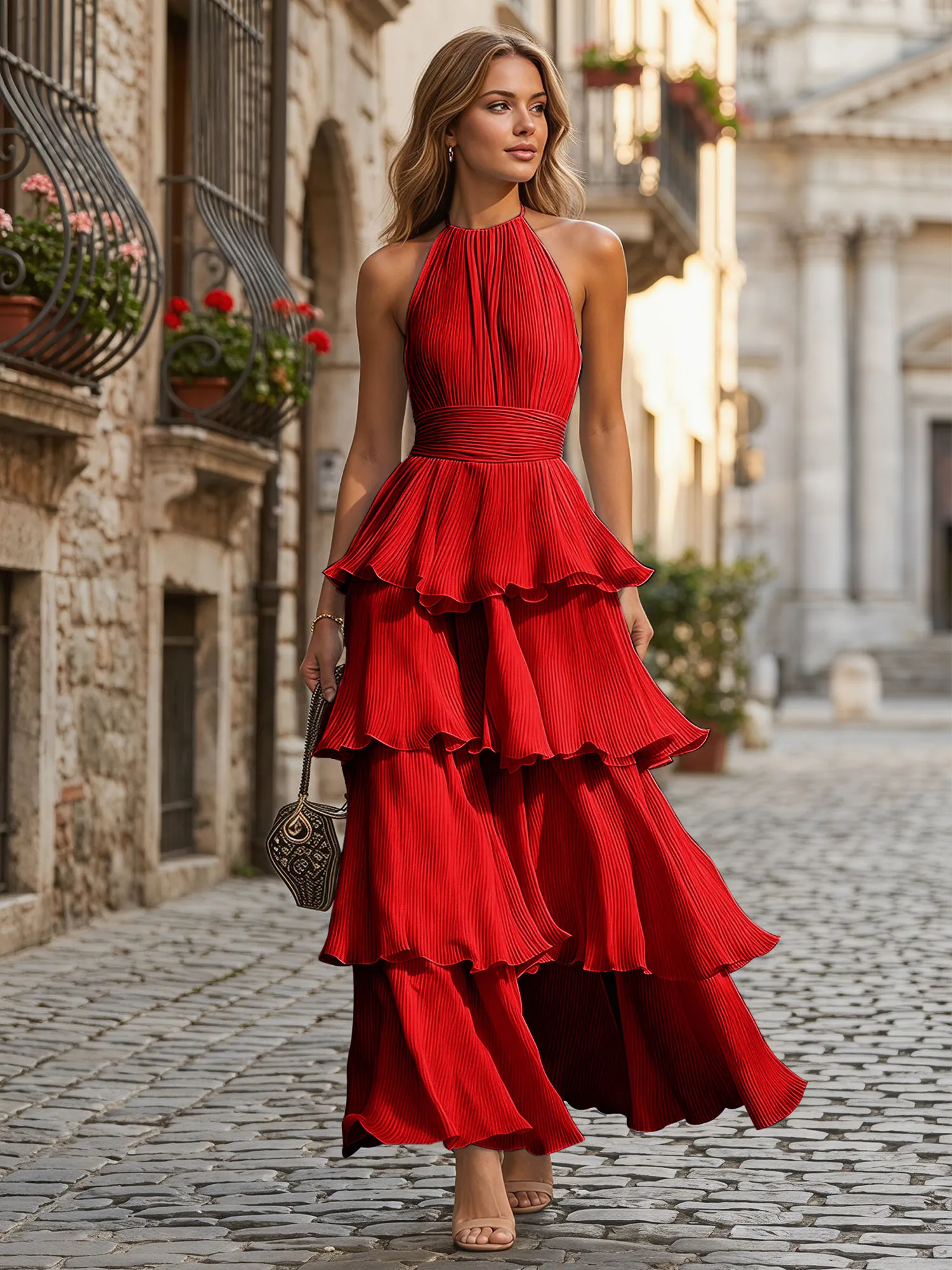 A Line Halter Neck Tiered Ruffle Chiffon Evening Dress