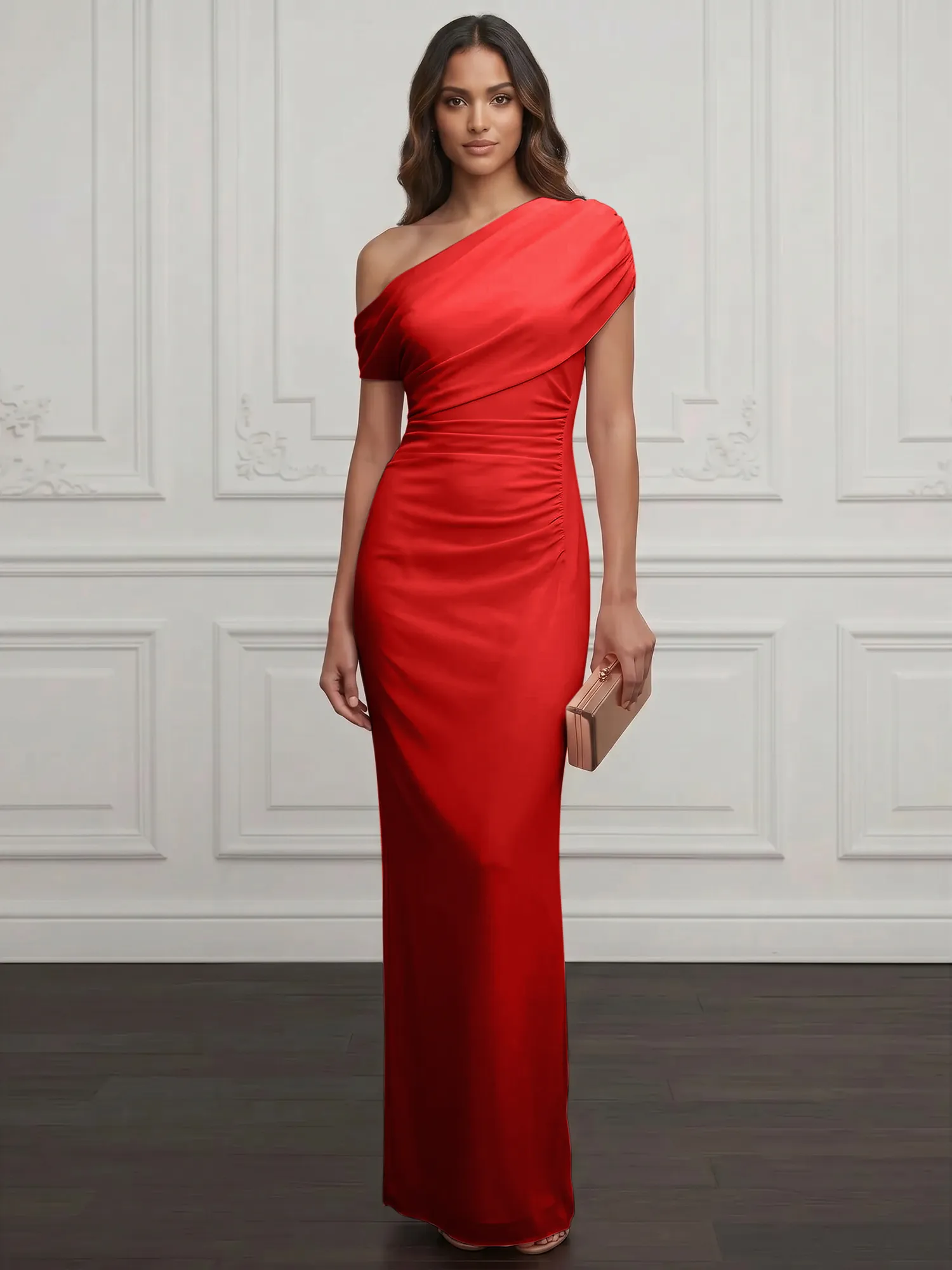 One-Shoulder Draped Chiffon Evening Gown