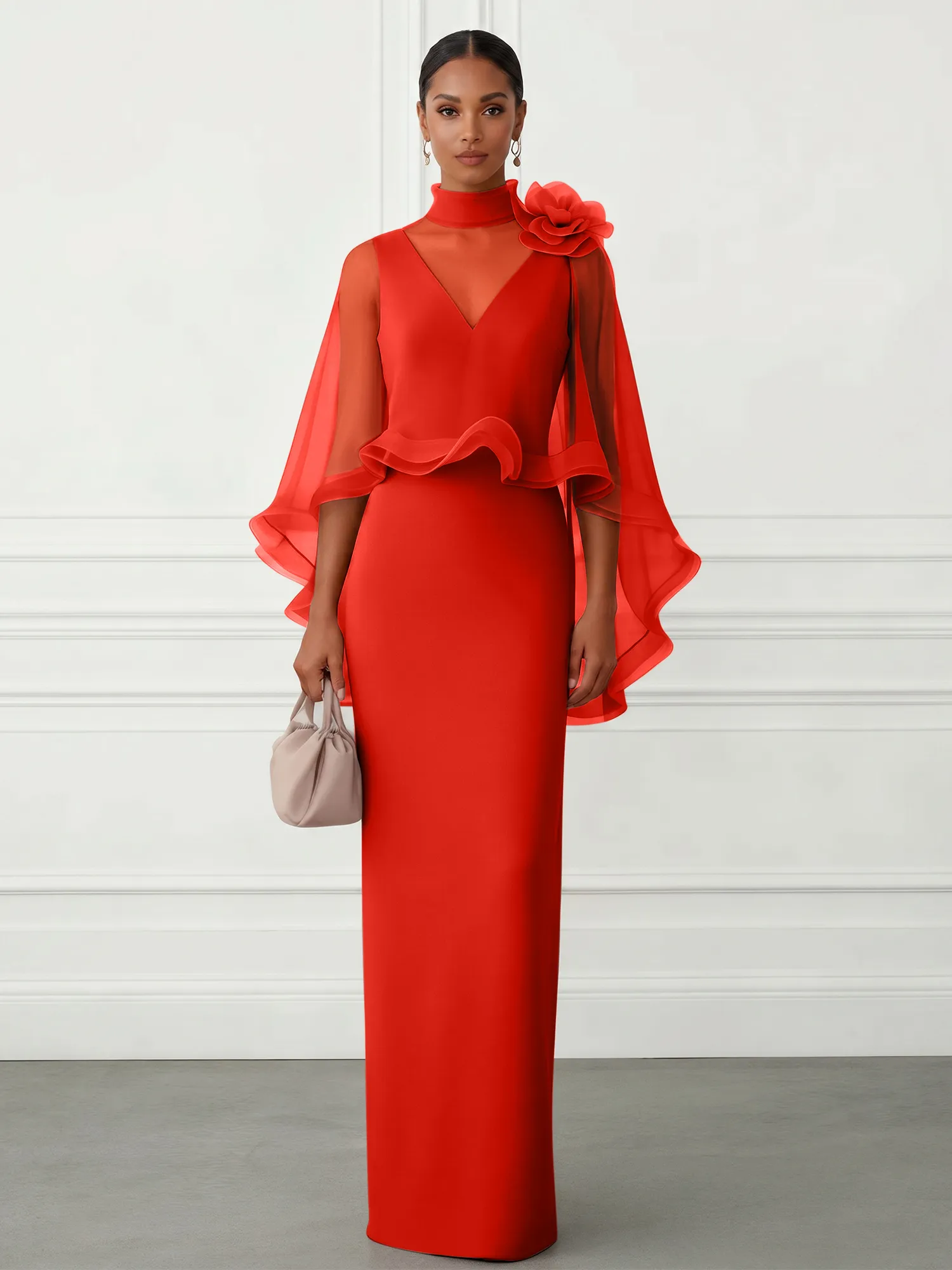 High-Neck Chiffon Cape Sleeve Sheath Evening Gown