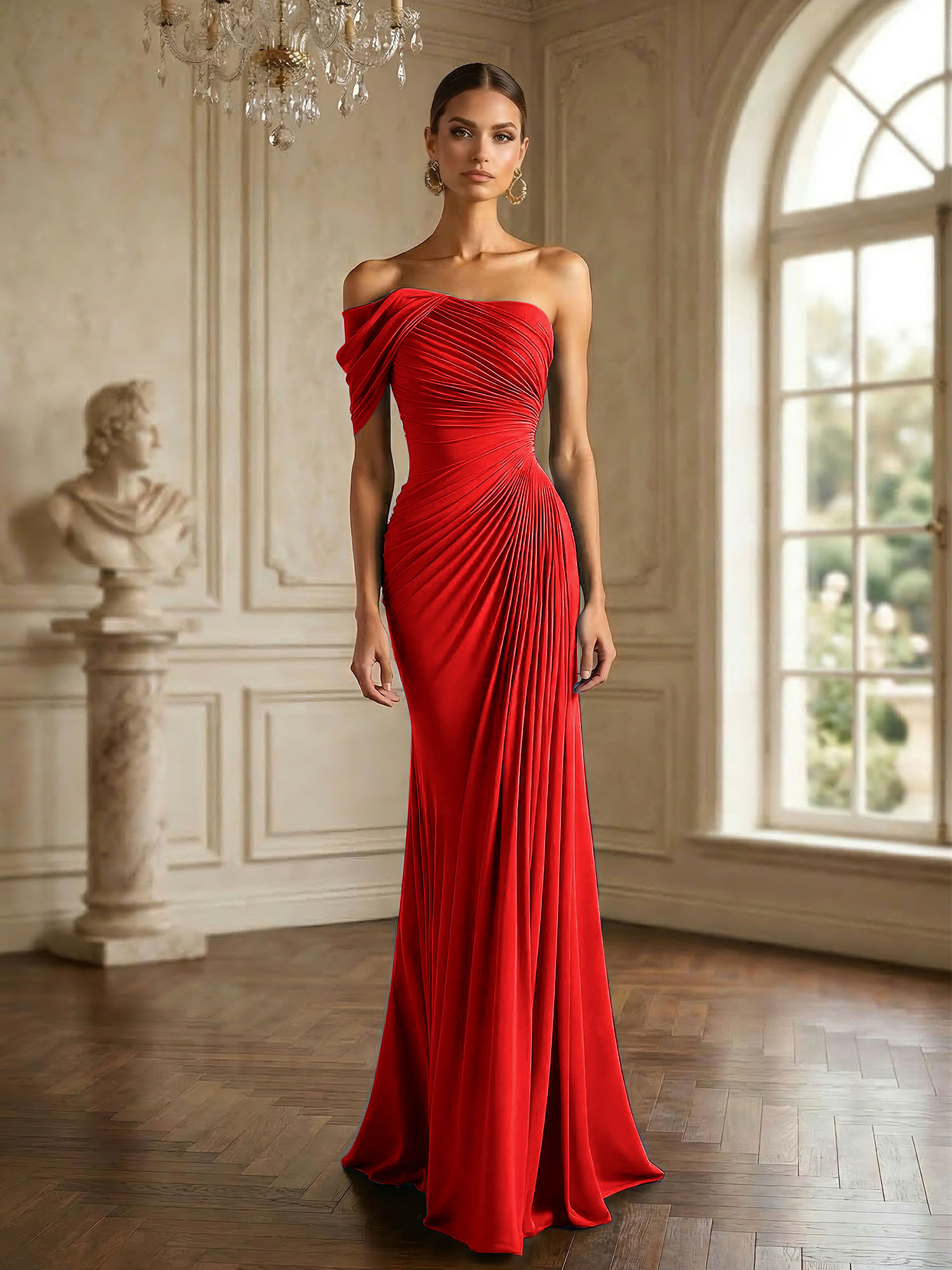 One Shoulder Pleat Mermaid Chiffon Evening Dresses for Women Gown
