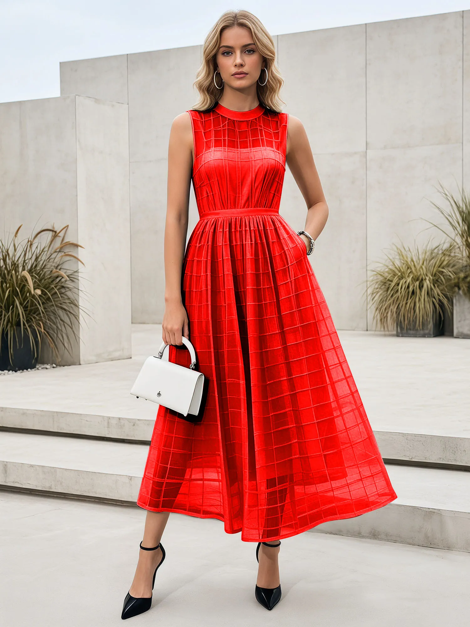 Sleeveless Grid Mesh A-Line Midi Evening Dress