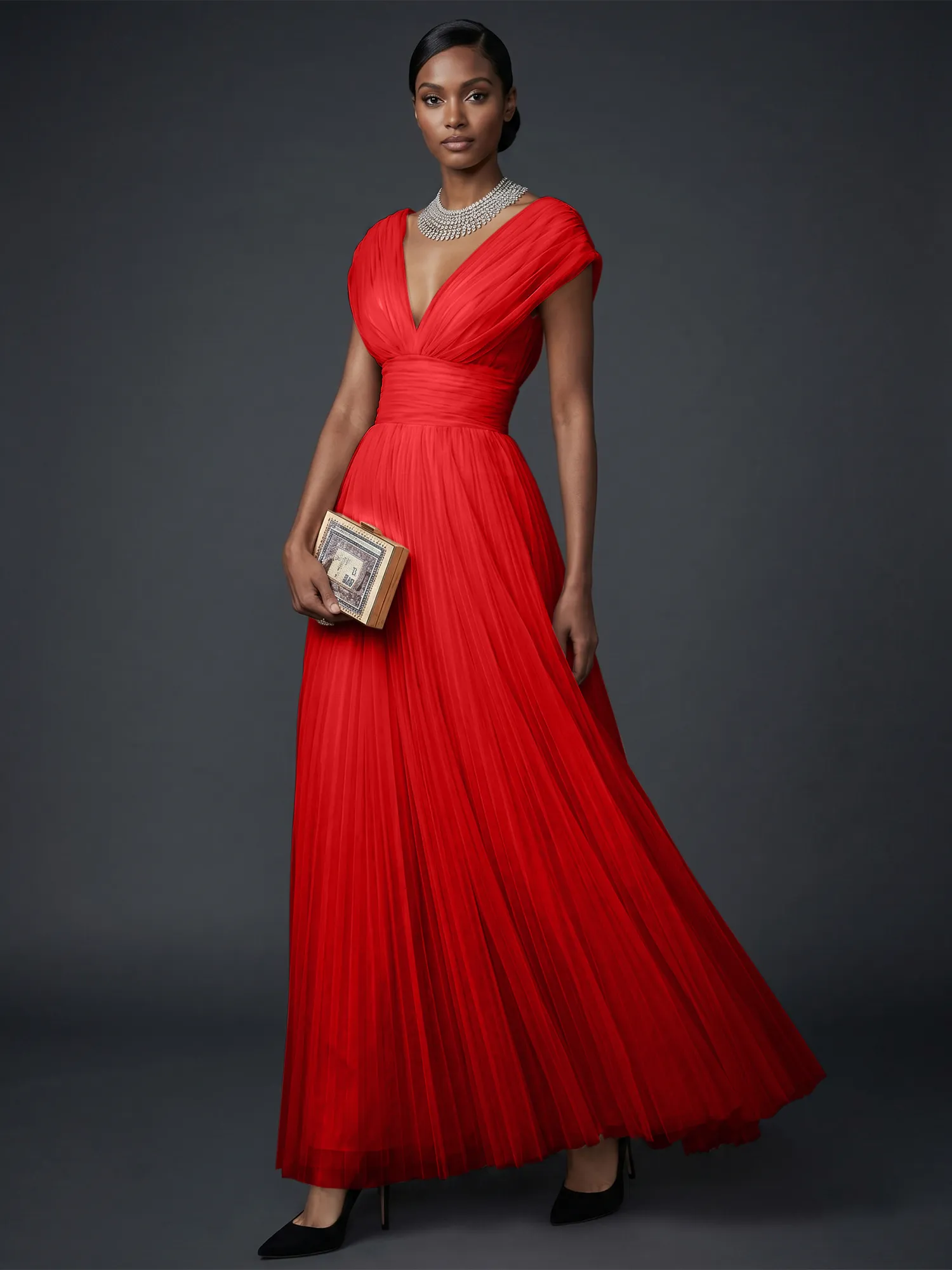 Draped V-Neck Pleated Tulle Evening Gown Maxi Dress